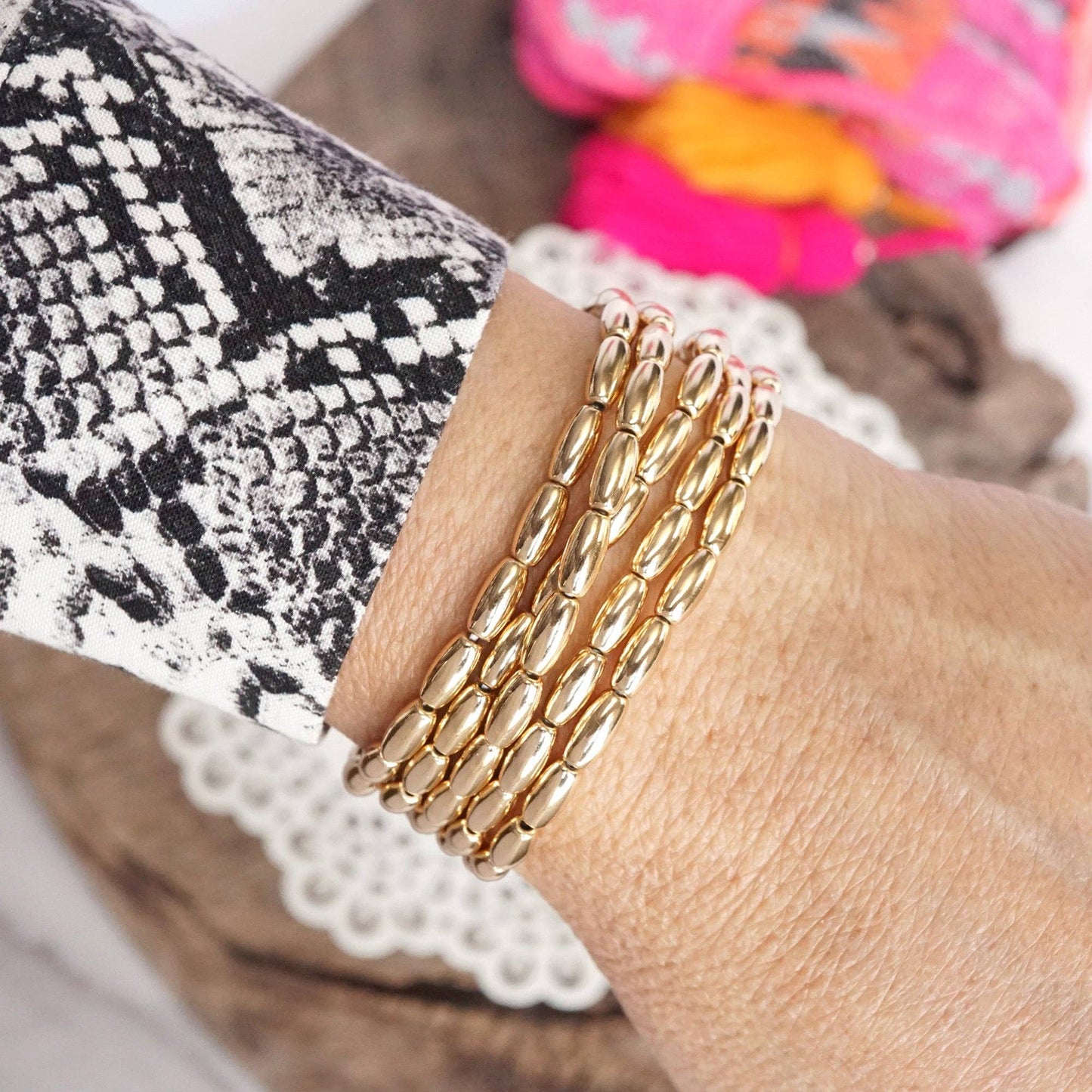 Rice Bead bracelet stack 5 bracelets - Gold Silver tone