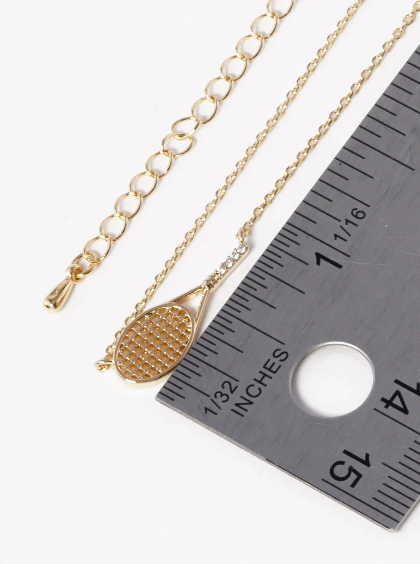 18K Gold Sideways Tennis Racket Cz Pendant Necklace
