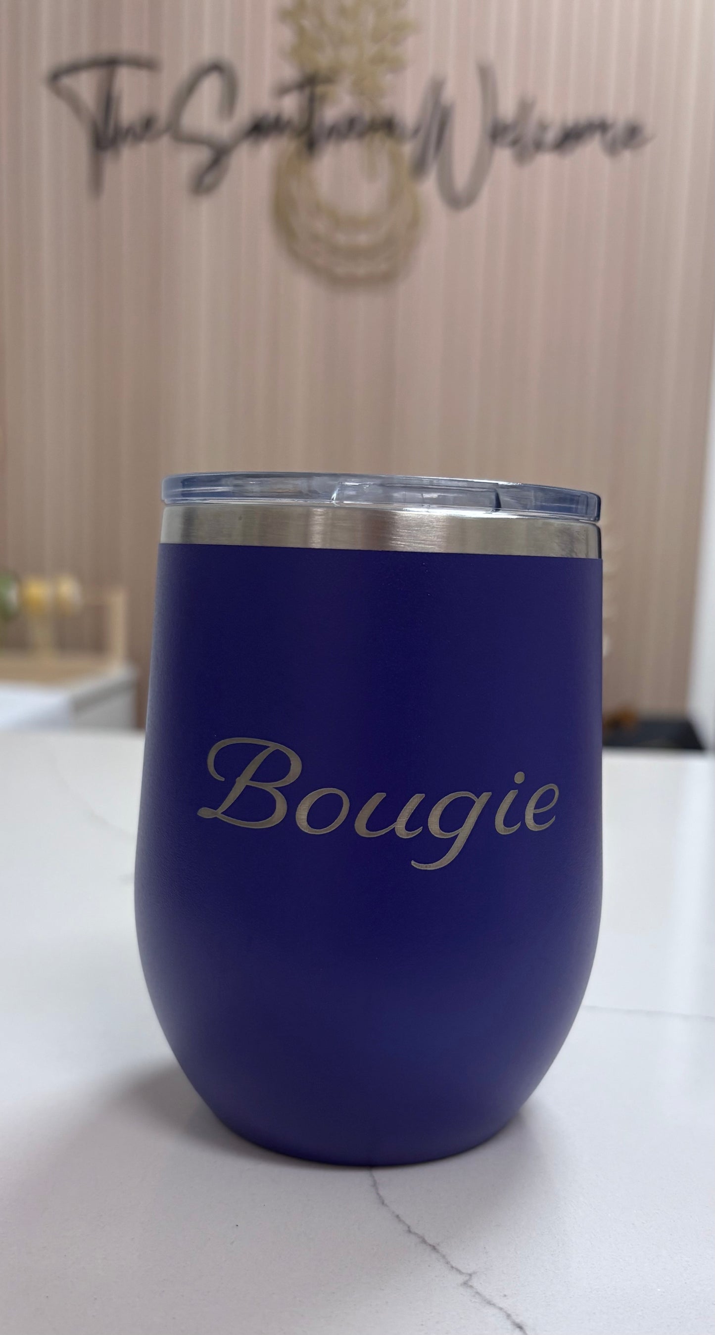 Locally sourced in Charleston Purple tumbler with 'Bougie' text on a light background