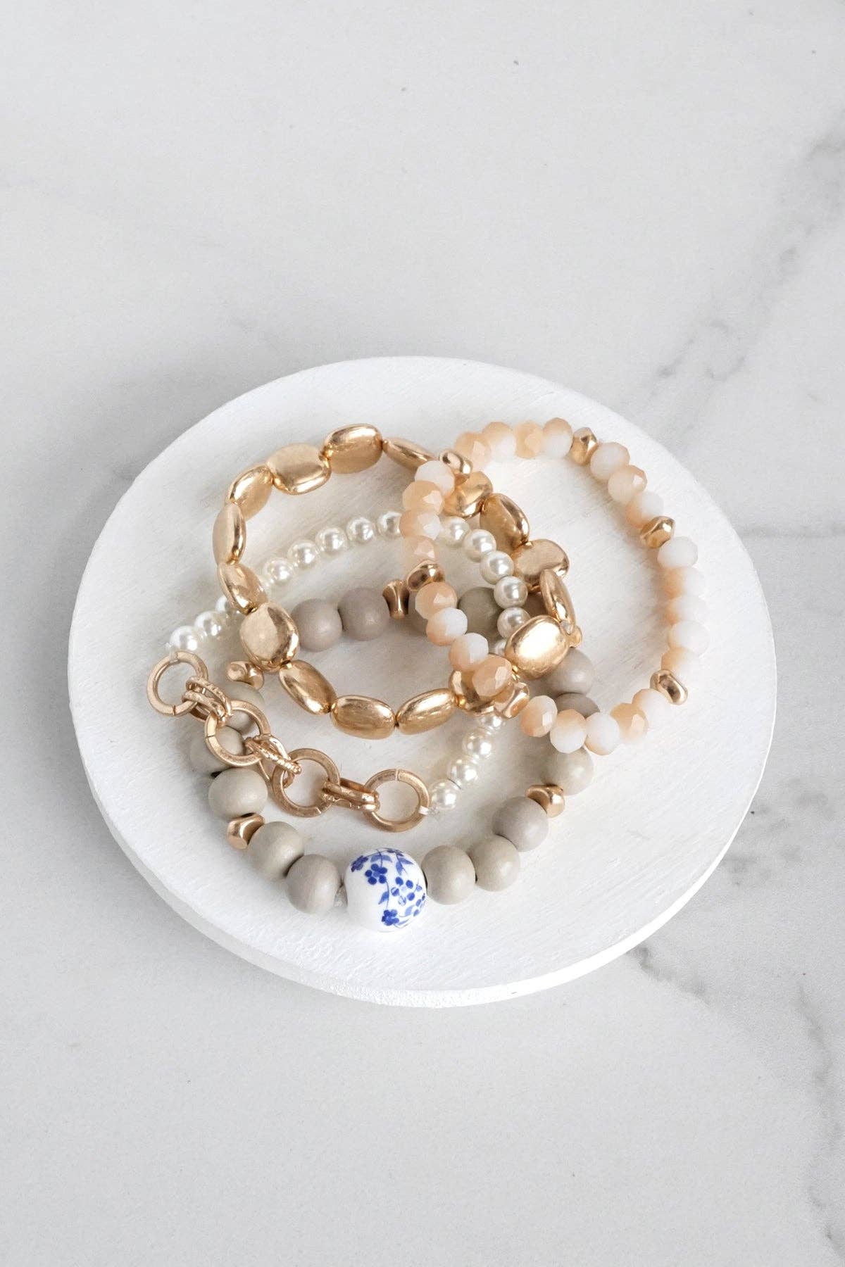 Blue Chinoiserie Wooden Glass Beads Braceleta