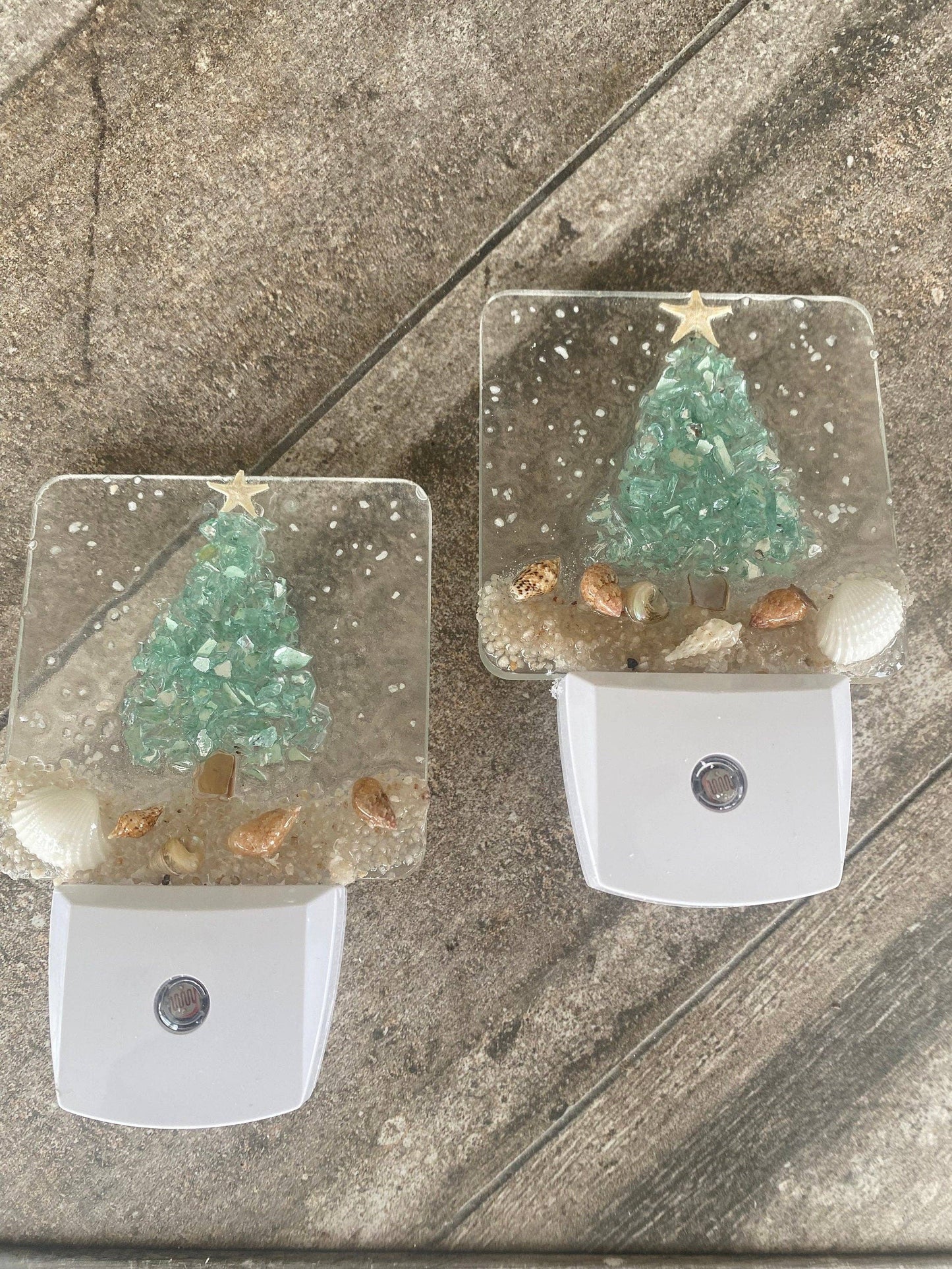 COASTAL CHRISTMAS TREE Aqua Night Light with shells