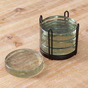 Blocked Glass Coasters & Caddy