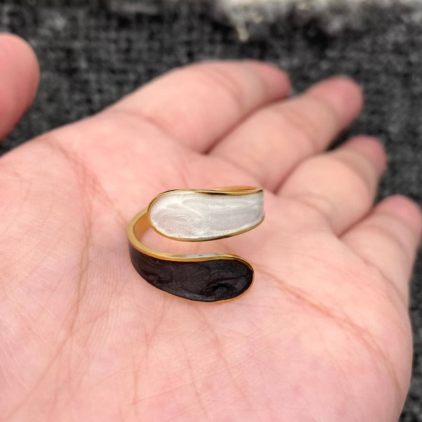 Two Tone Enamel 18K Gold Plated Stainless Steel Adjustable Ring