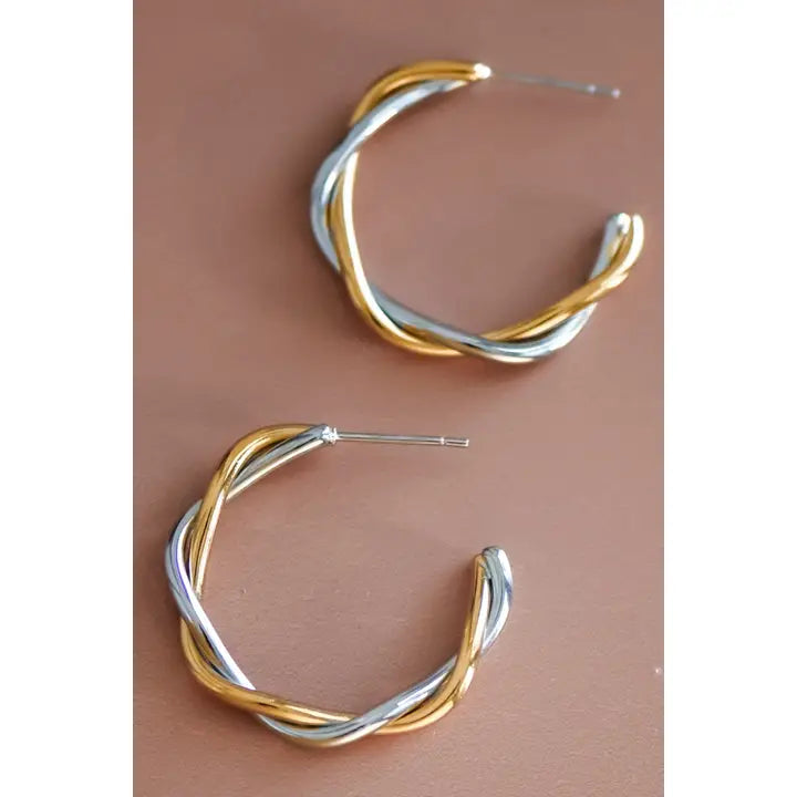 18k Gold Plated Waterproof Stainless Steel Hoop Two-Tone Wrapped Earrings