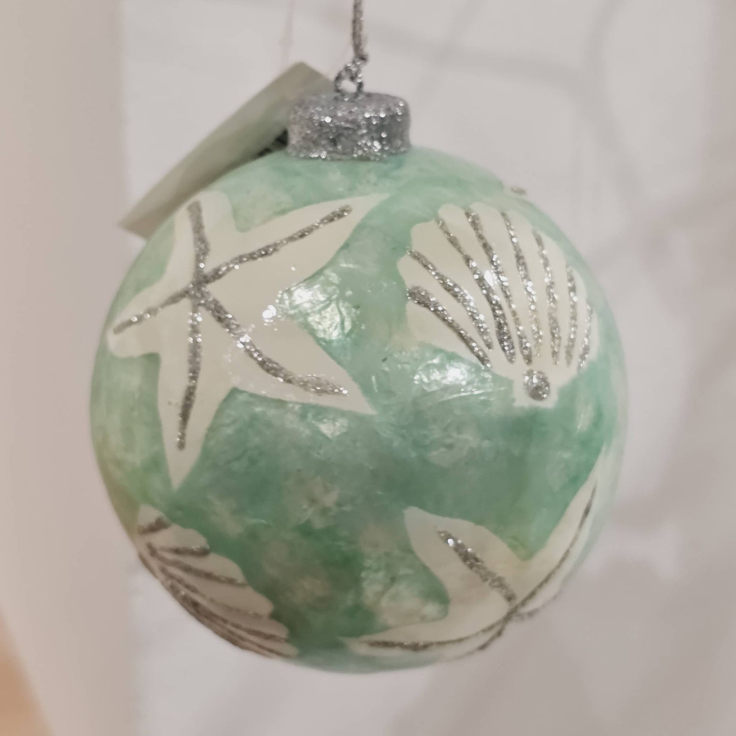 3" Capiz Ball Ornament- Seashell w/Glitter (Turquoise Green)