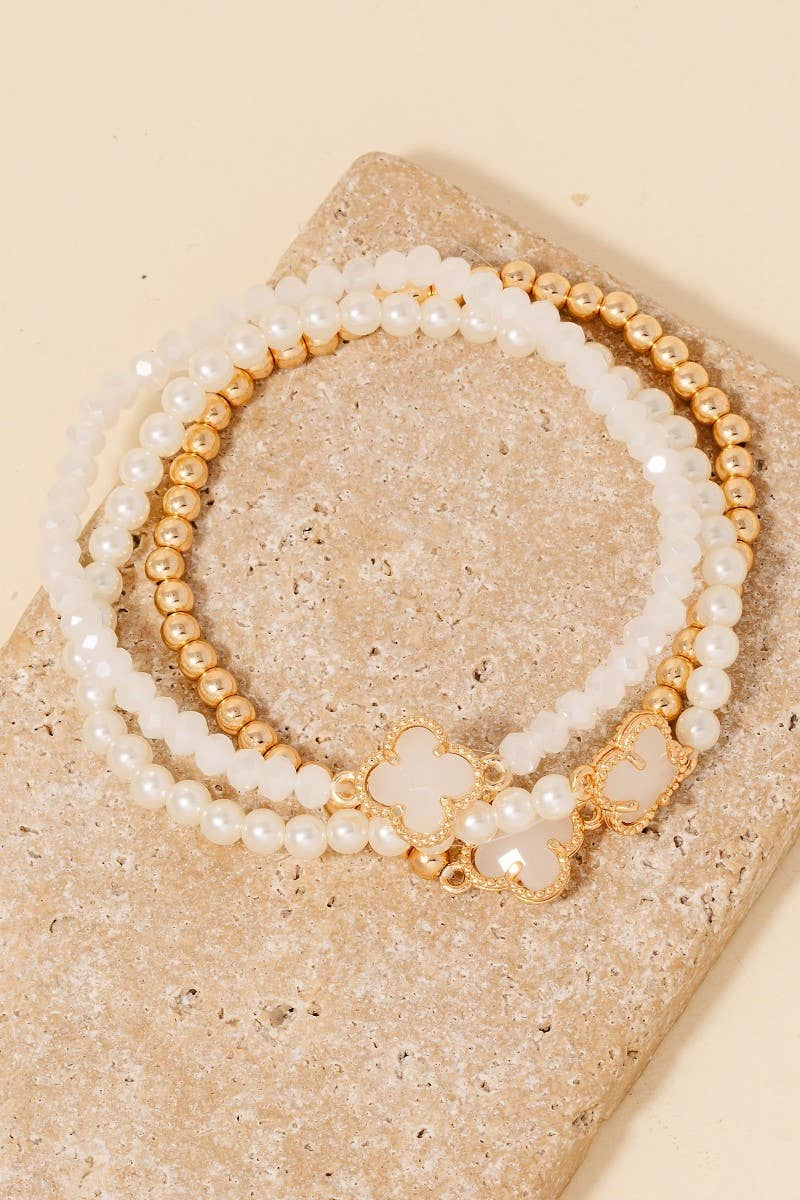 Glass Clover Charms Pearl And Metallic Beaded Bracelet