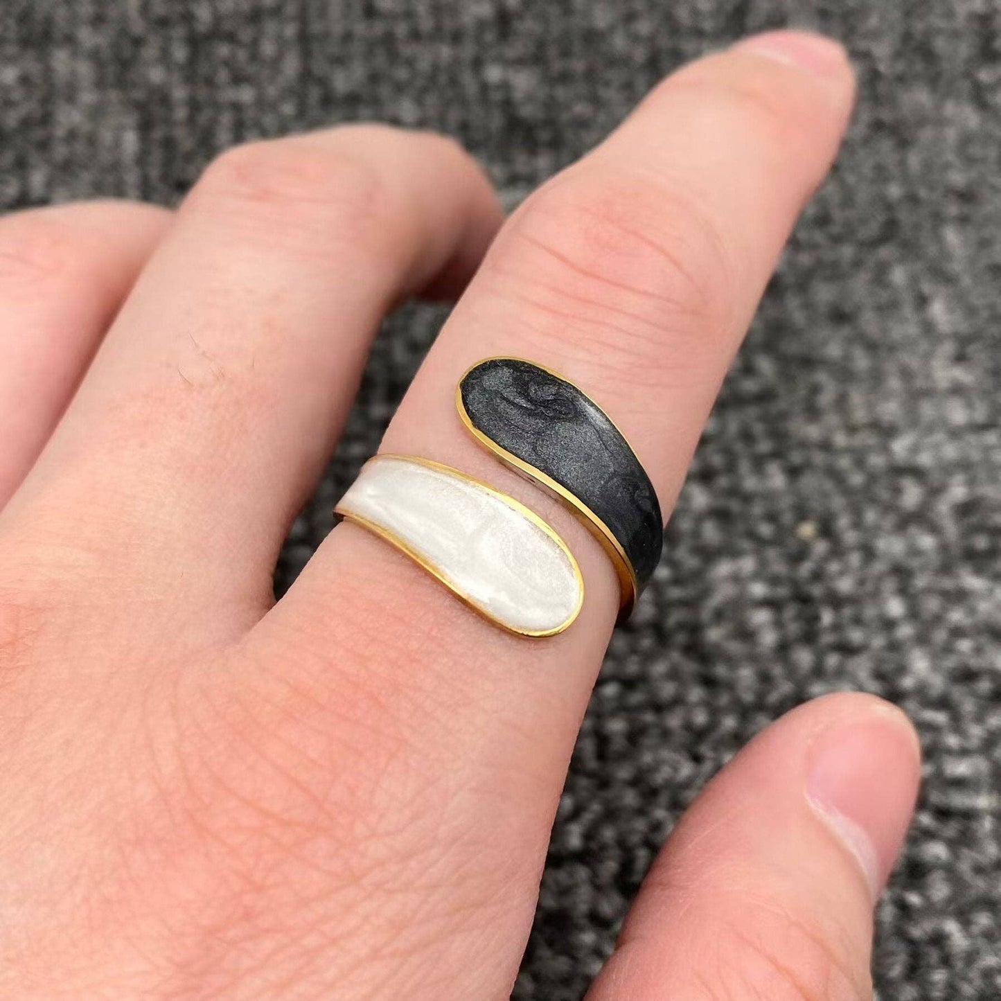 Two Tone Enamel 18K Gold Plated Stainless Steel Adjustable Ring