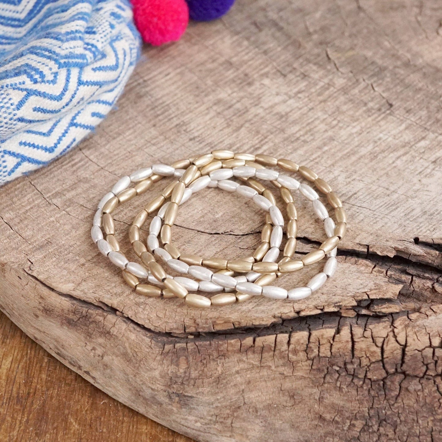 Rice Bead bracelet stack 5 bracelets - Gold Silver tone