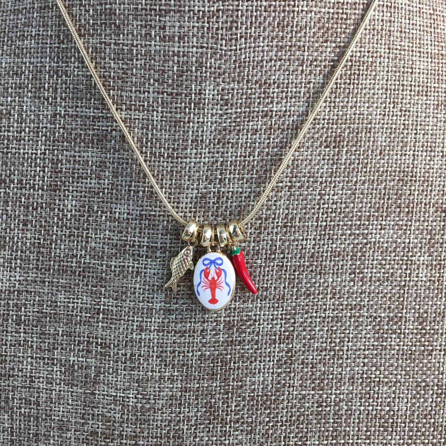 Crawfish/pepper/fish charm necklace