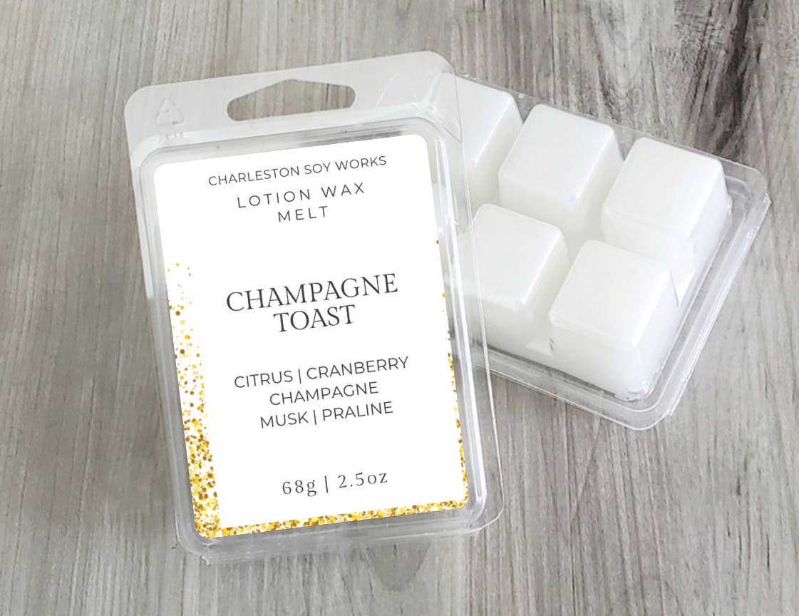 Locally sourced in Charleston, SC lotion wax melt pack 'Champagne Toast'. Available for purchase at The Southern Welcome.