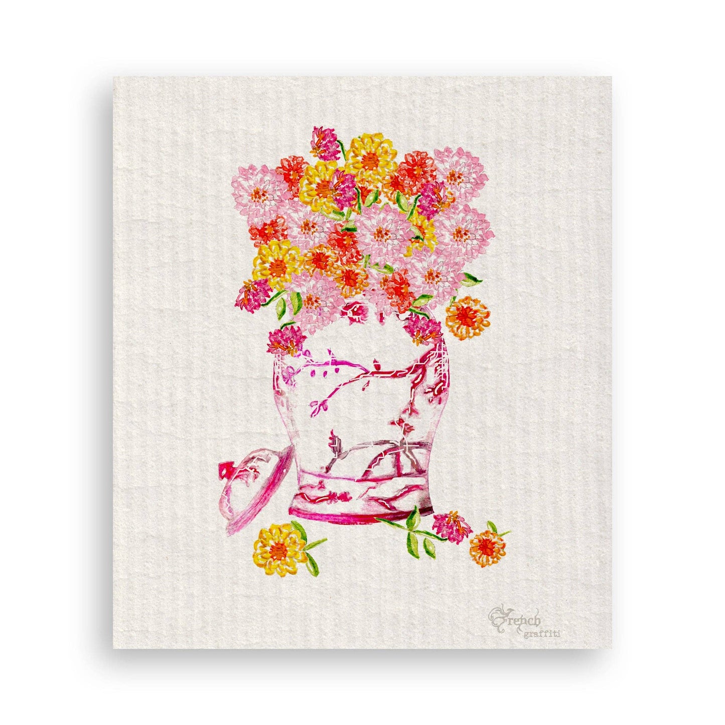 Pink Ginger Jar with Zinnias Swedish Dishcloth