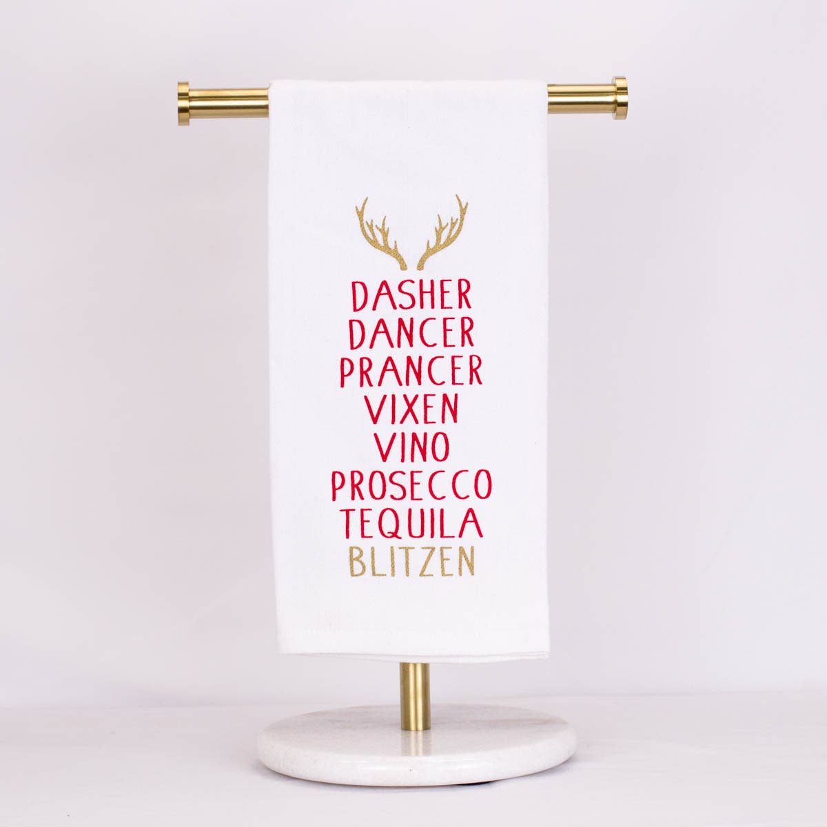 Blitzen Christmas Hand Towel White/Red/Gold 20x28