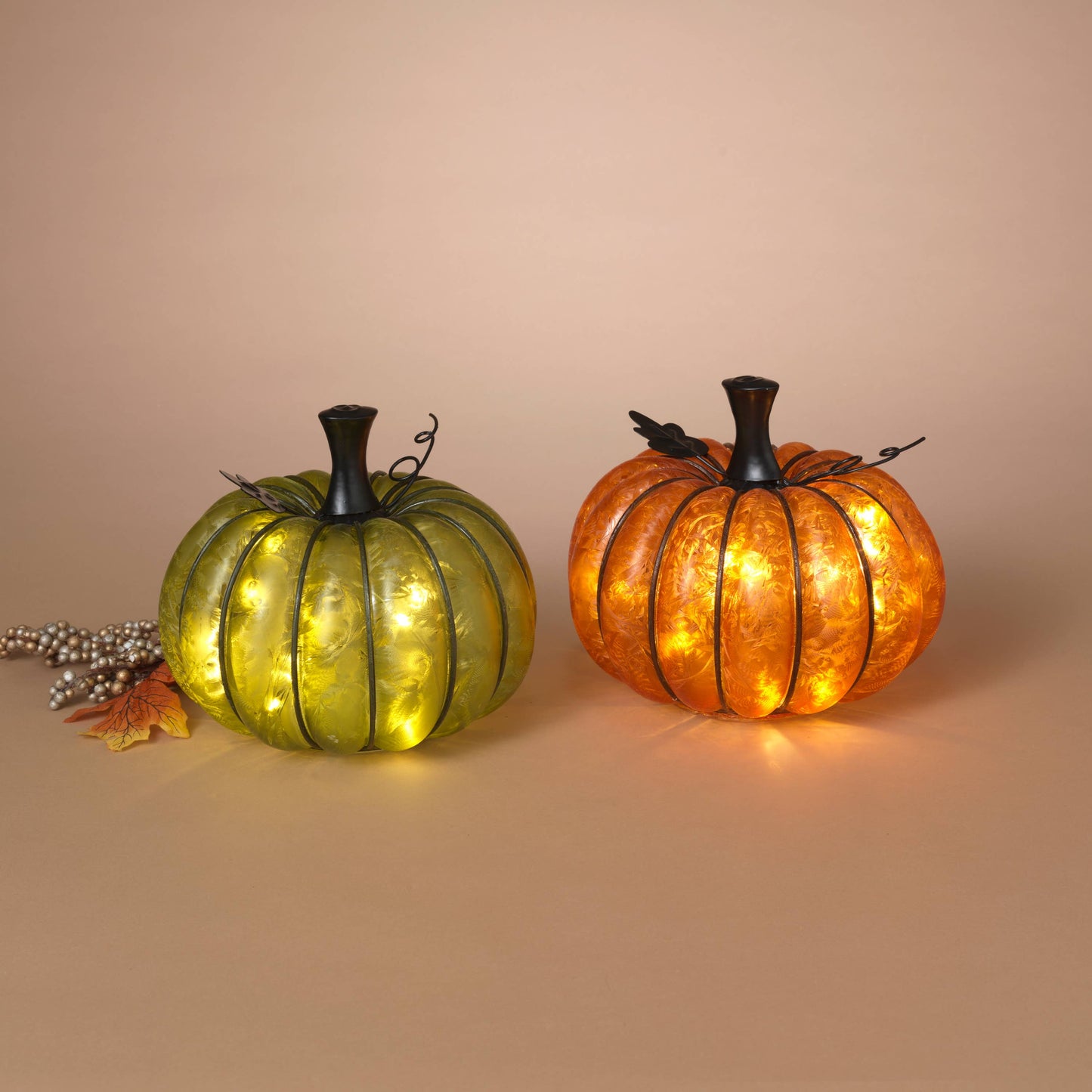 Lighted Metal & Glass Pumpkin w/ Timer