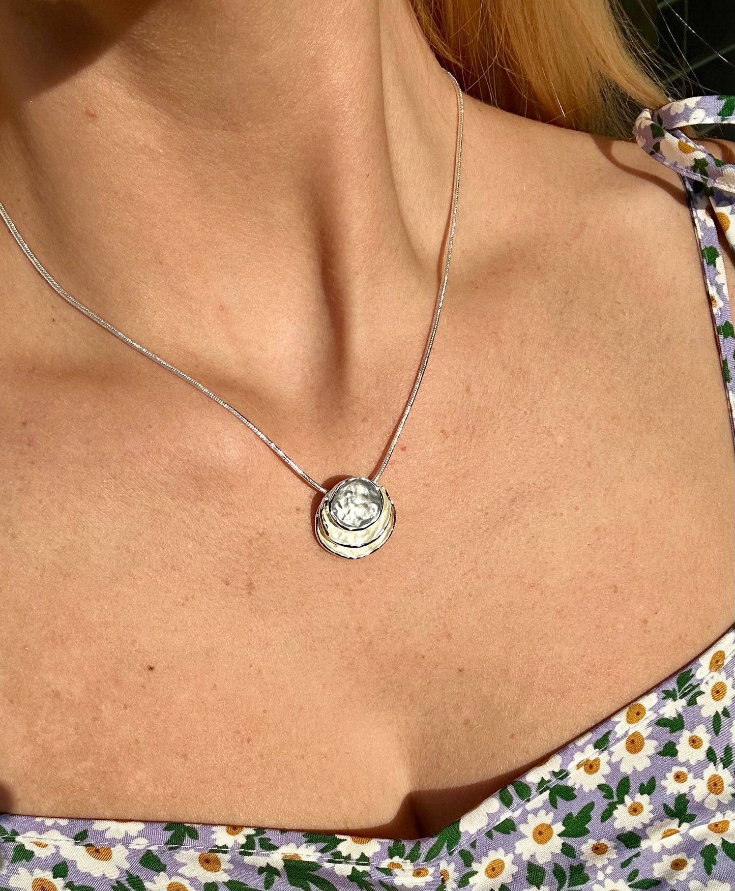Three Stacked Potato Chip White Pearl Necklace