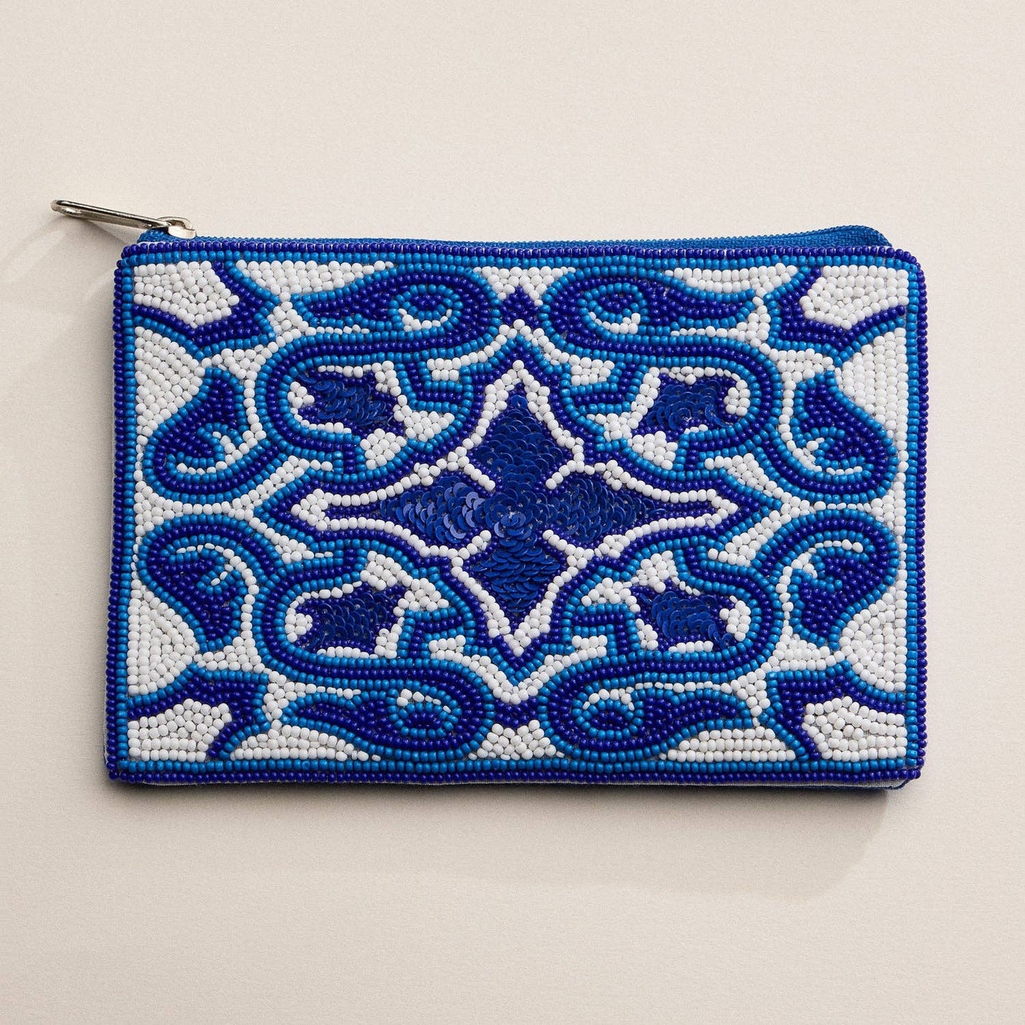 Blue Beaded Mosaic Zipper Pouch