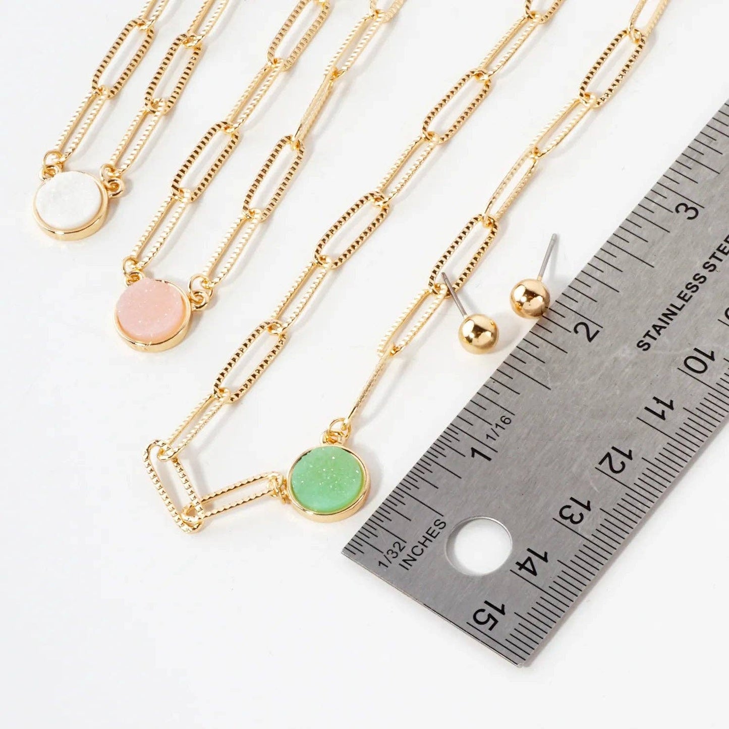 10mm Round Simulated-Druzy Pendant 16-Inch Necklace Set-with-Earrings
