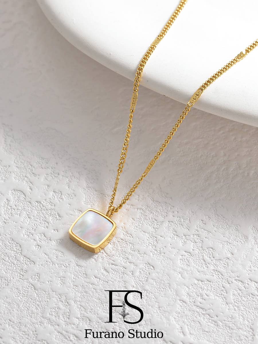 Gold Pearl Square Pendant Necklace; Pearl Charm Necklace