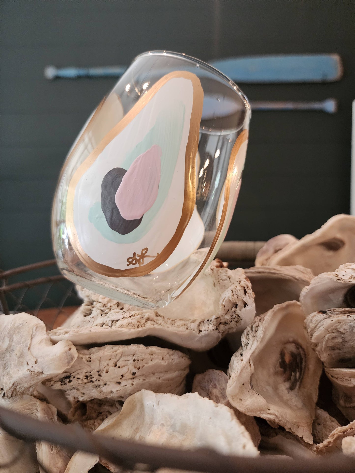 Hand Painted Oyster Stemless Wine Glass - Beach Sunset