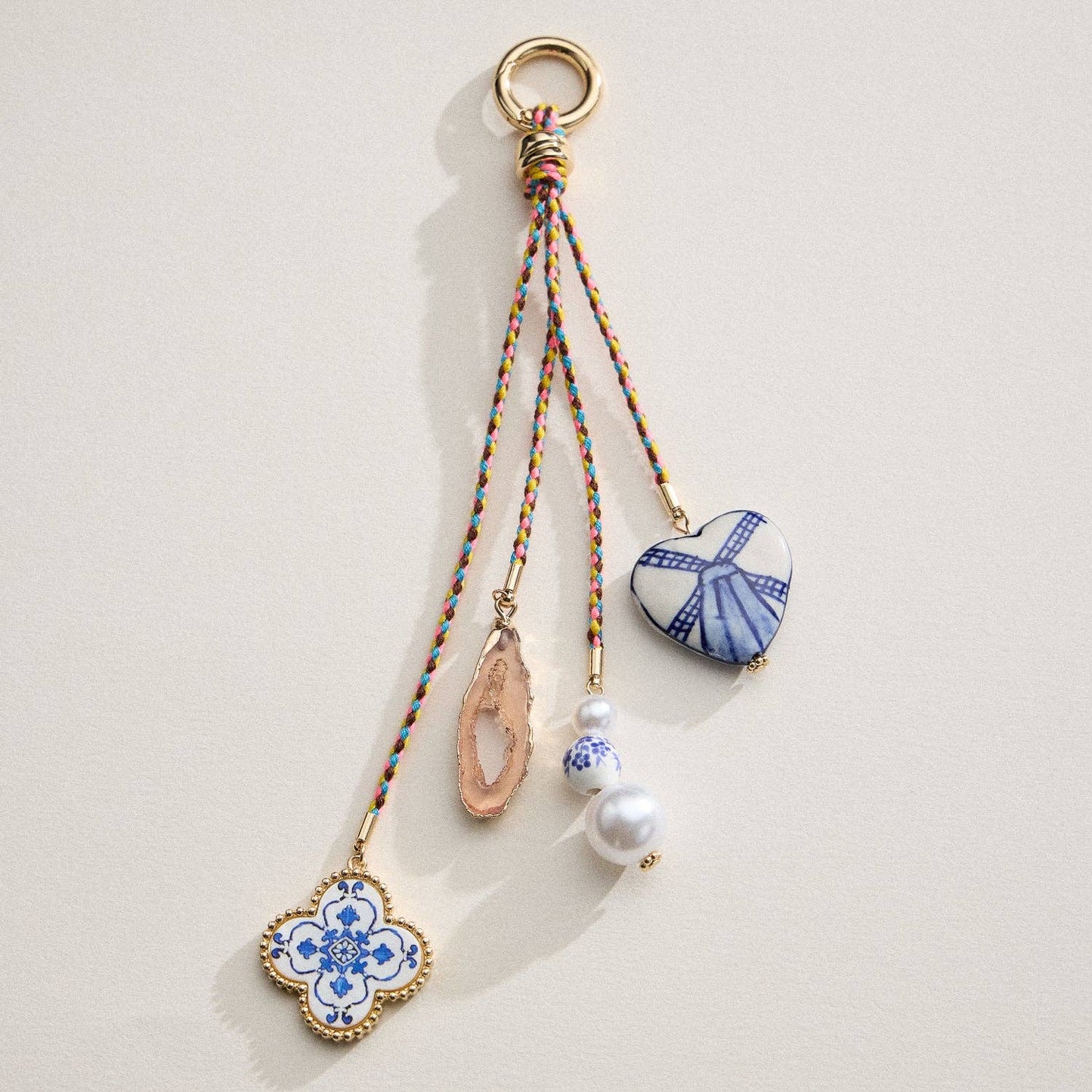 Colorful Cord Bag Charm with Ceramic and Pearl Charms