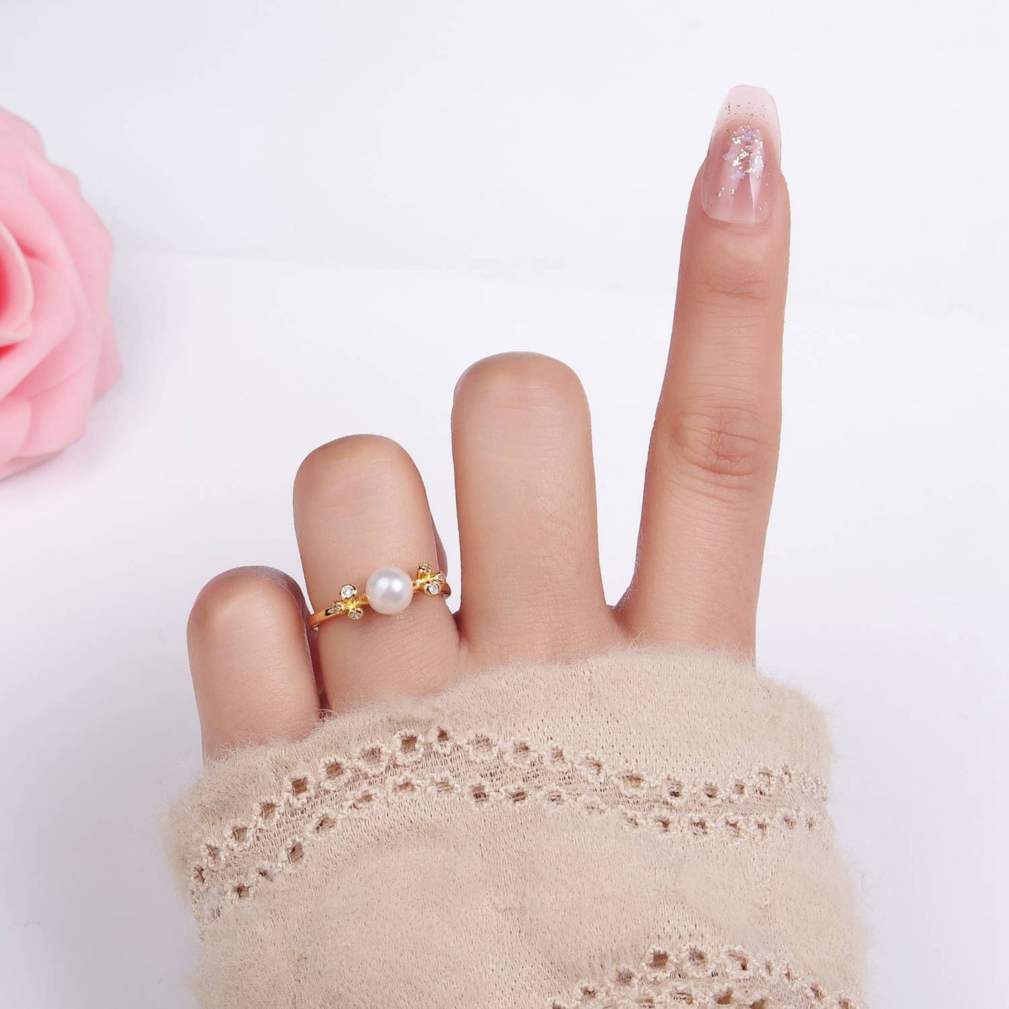 14K Gold Filled Shell Pearl Solitaire Wrap Open Ring
