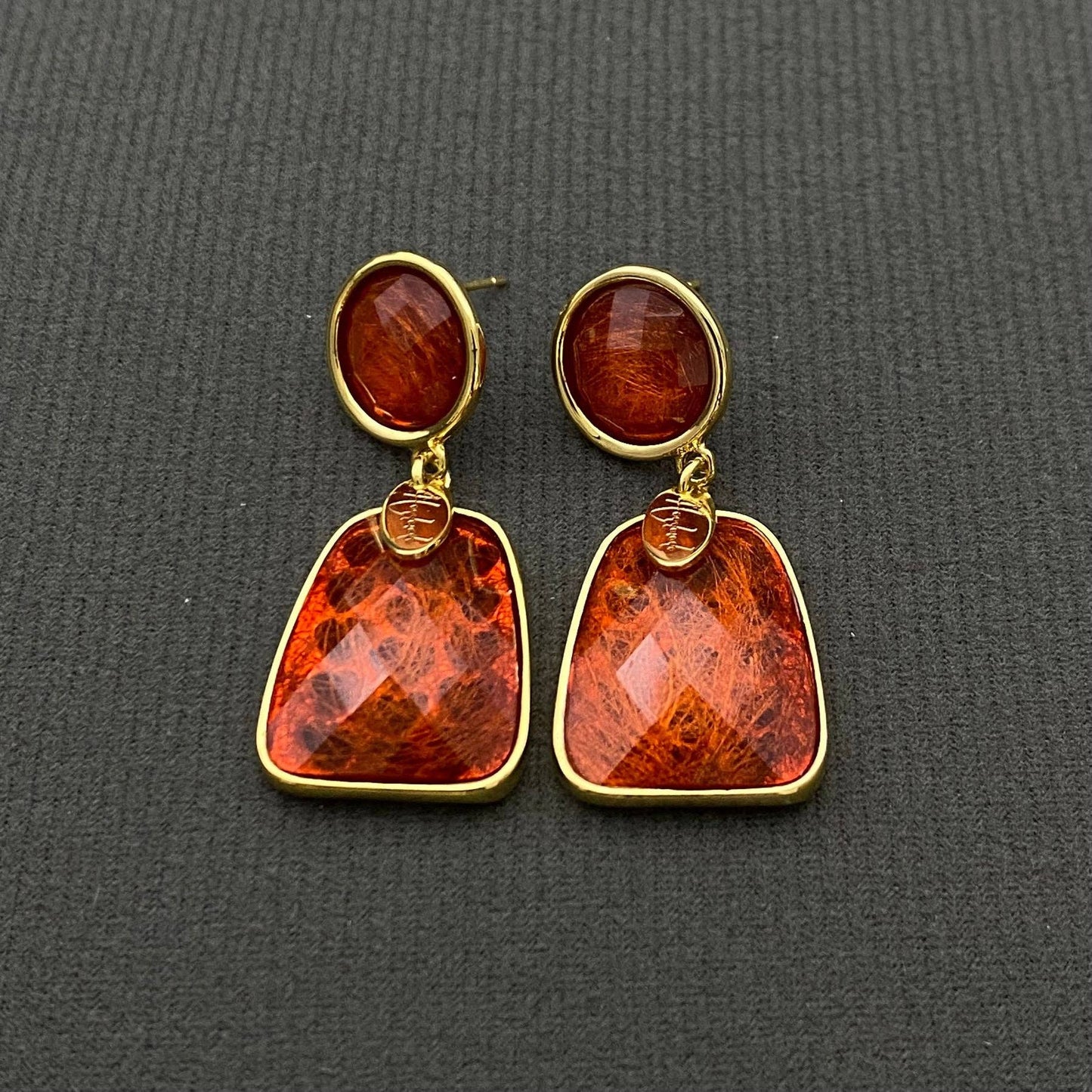 Vintage Crystal Inlaid 18K Golden Geometric Dangle Earrings