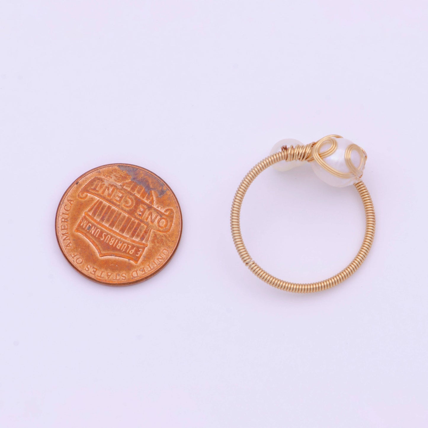24K Gold Filled Double Pearl Handmade Braided Wire Wrapped Open Ring | O561