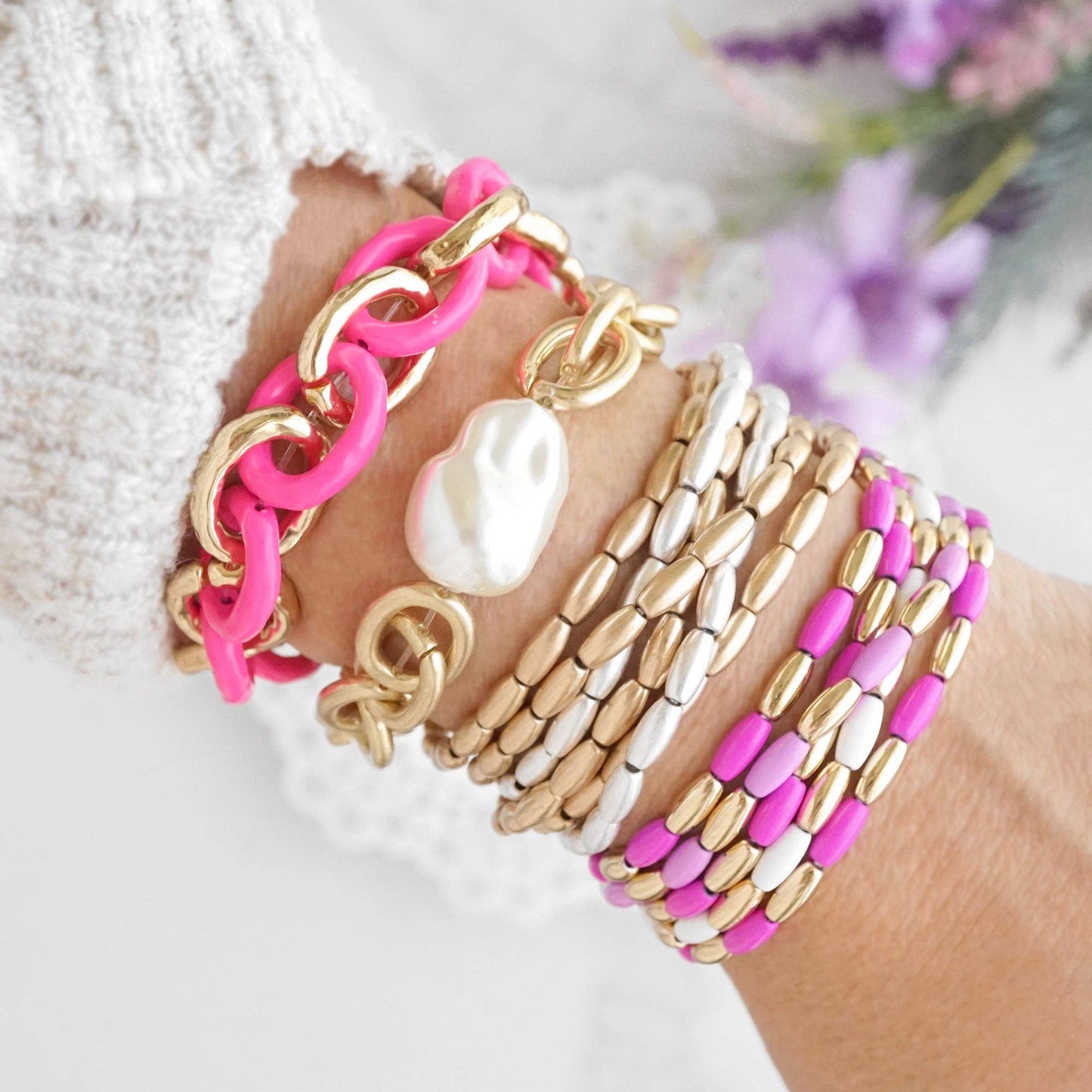 Rice Bead bracelet stack 5 bracelets - Pinks