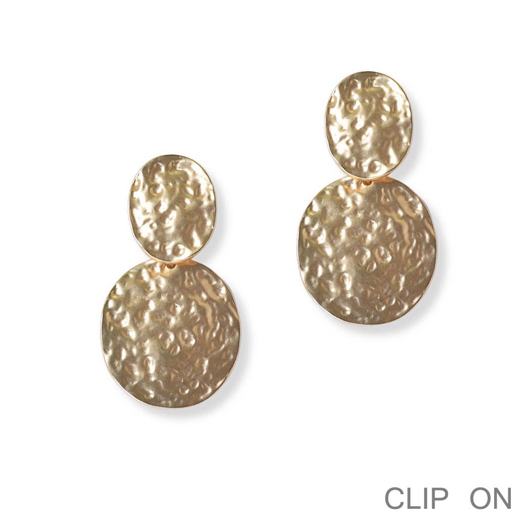 Round hammered metal clip on earring