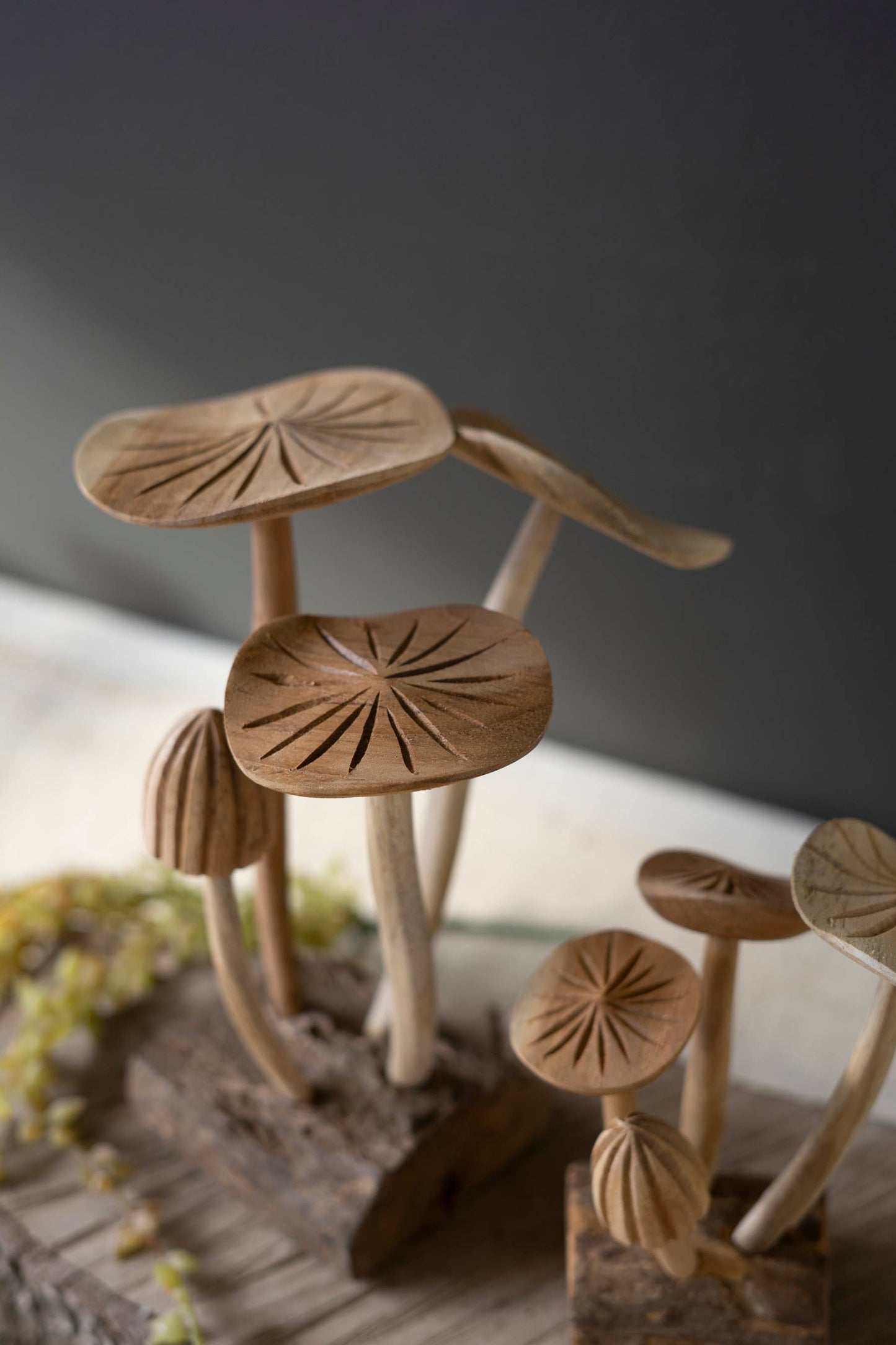 HAND-CARVED TEAK WOOD MUSHROOM CLUSTERS