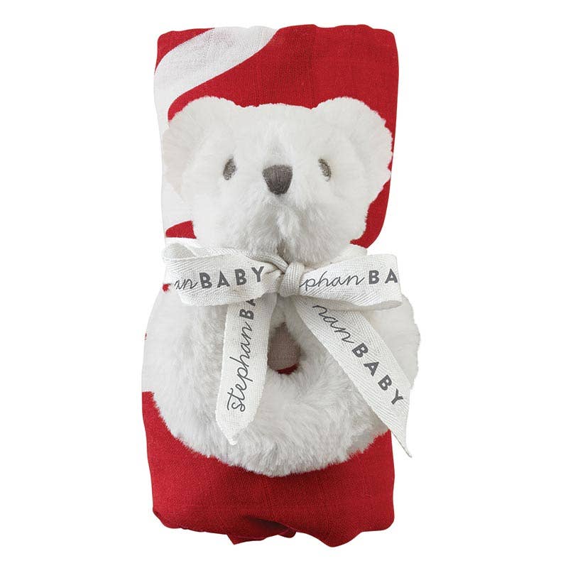 Swaddle Blanket + Plush Bear Rattle - My First Christmas