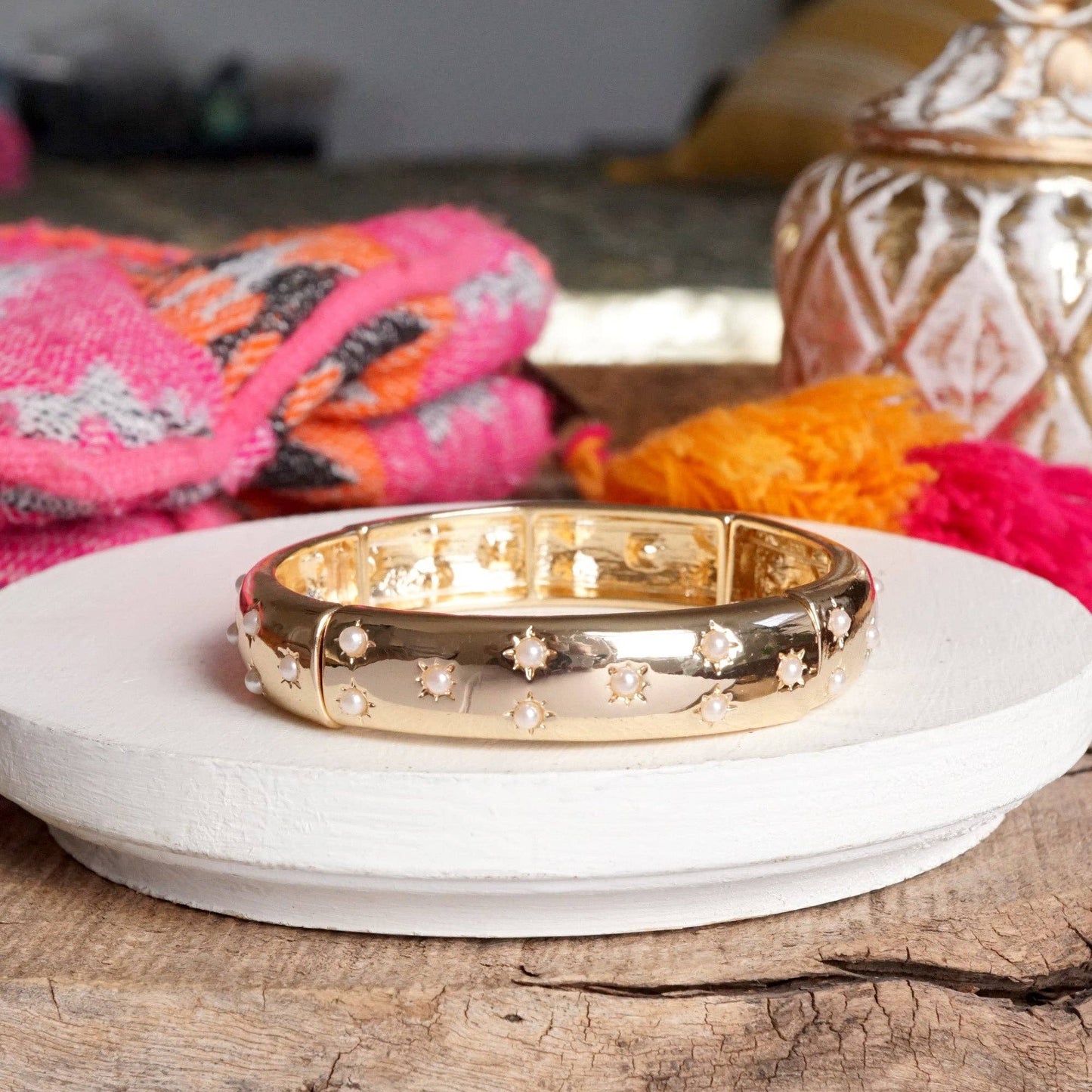 Gold-Tone Eternity Stretch Bangle – Pearls, Turquoise, or Crystals