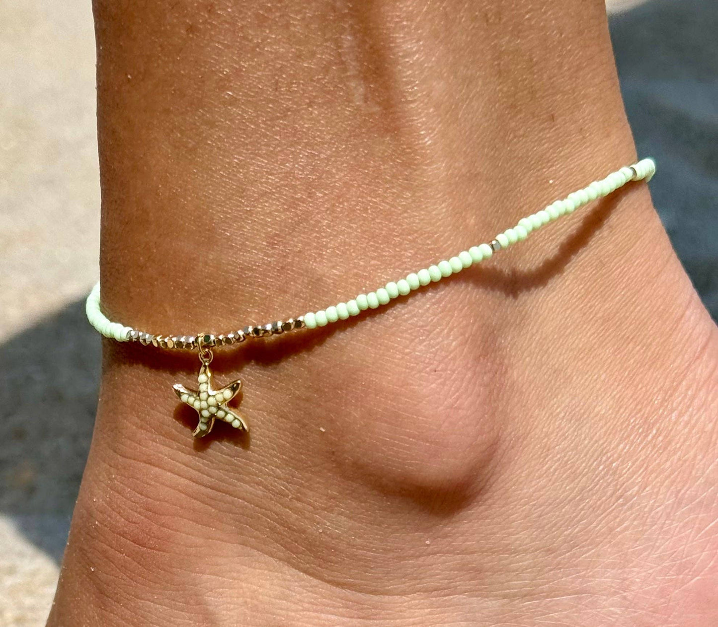 Mint Seed Bead Anklet With Starfish