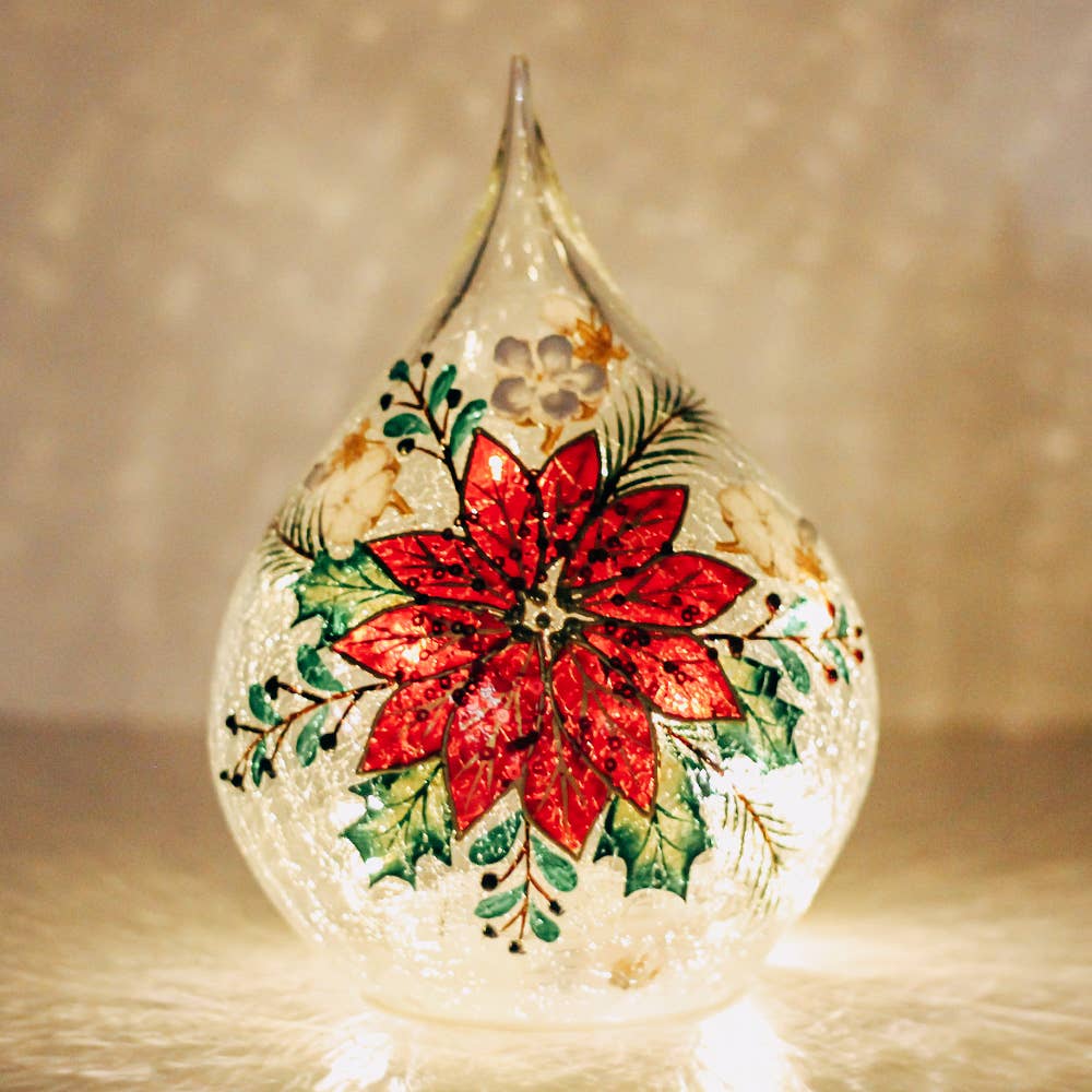 Poinsettia Glass Teardrop with LED String Lights — Christmas, Holiday Ornaments