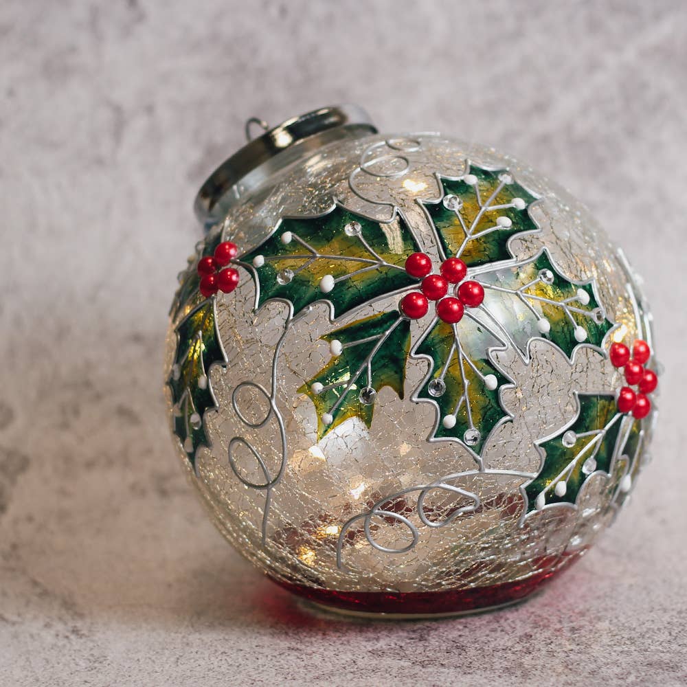 Holly Berry Glass Ornament with LED String Lights — Christmas, Holiday Ornaments