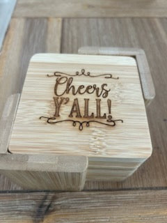 Engraved Cheers Y'all Wooden Coaster Set
