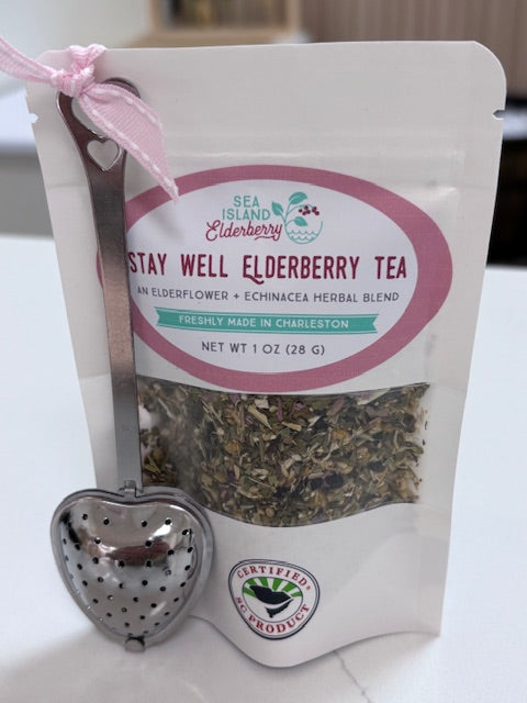 Sea Island Elderberry 'Stay Well' elderflower and echinacea herbal blend tea package with heart-shaped tea infuser. Made in Charleston SC
