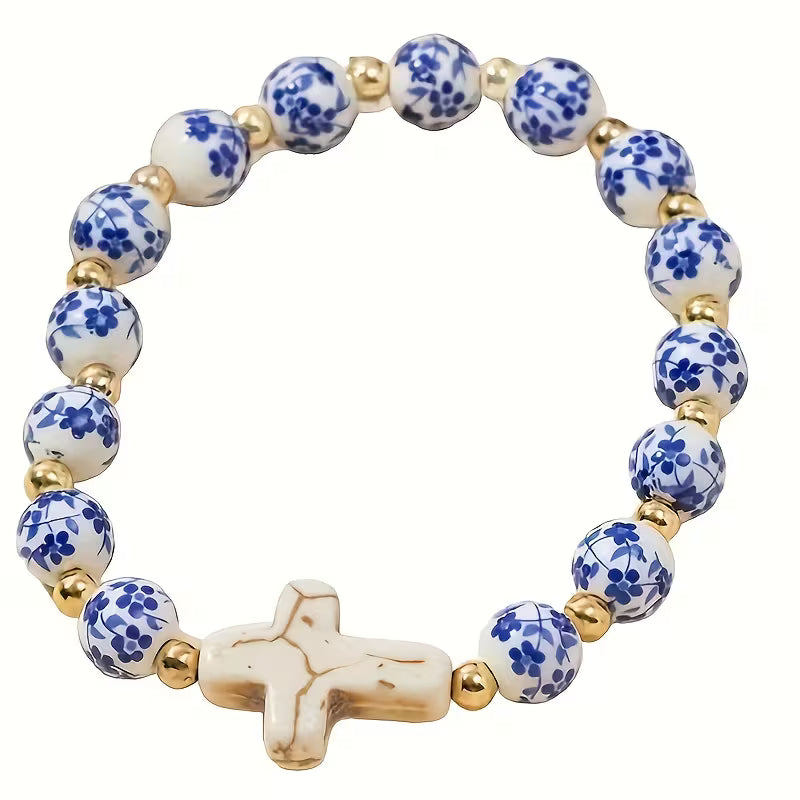 Porcelain Blue and White Bracelet with Stone Cross
