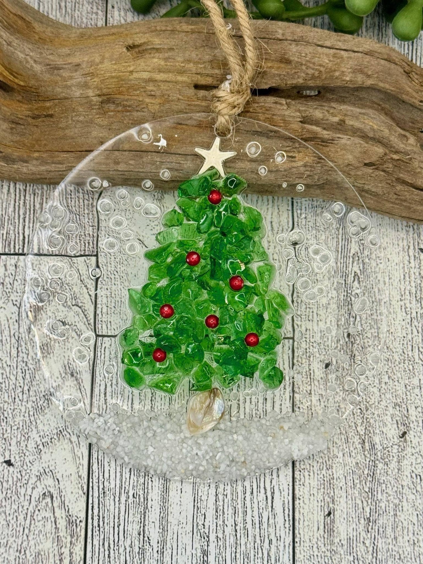 Coastal Christmas Ornament- Green glass Christmas Tree with Berries