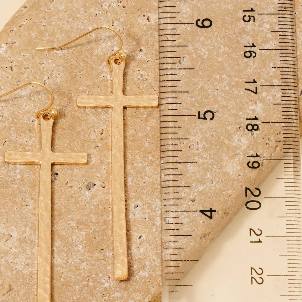 Hammered Long Cross Dangle Earrings