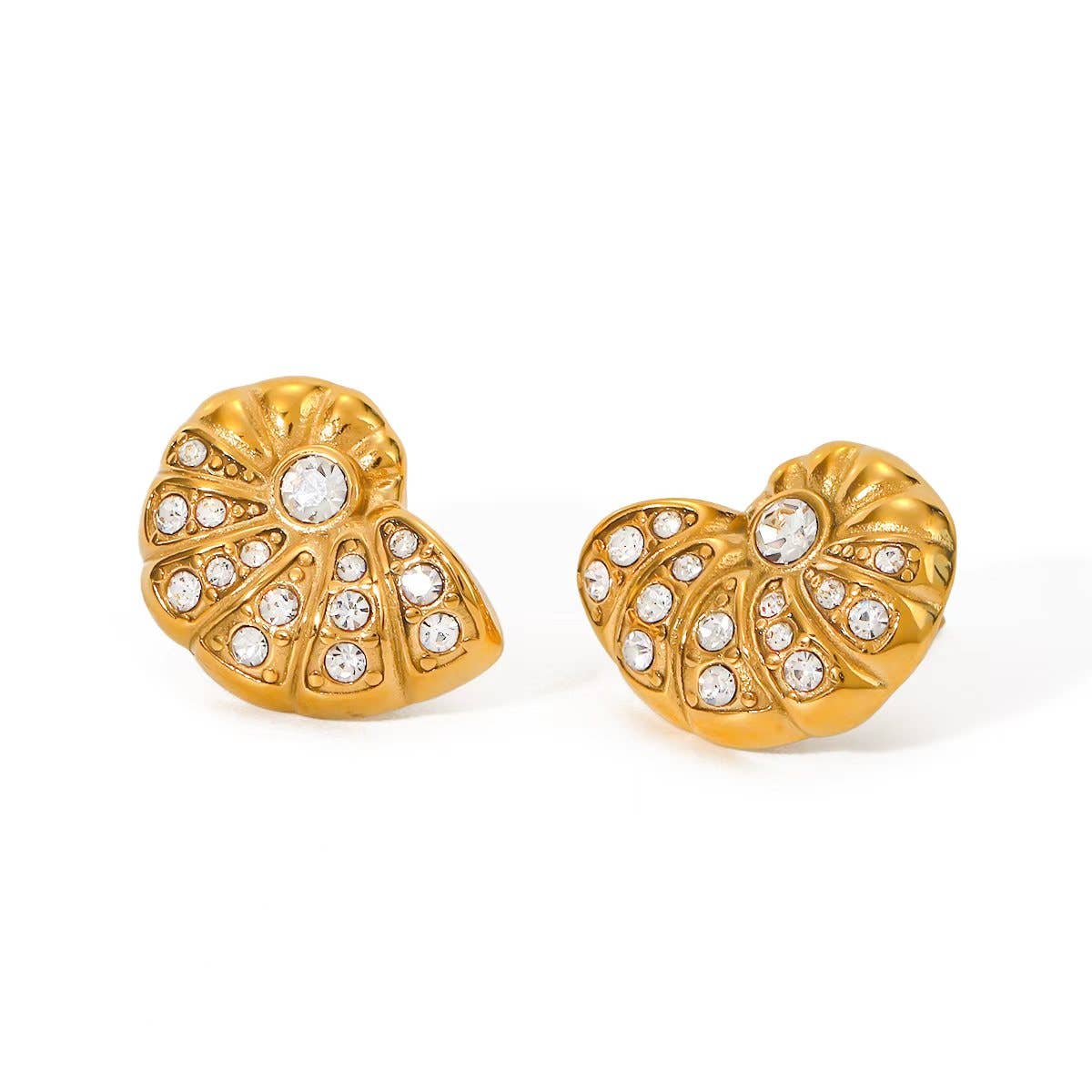 Gold Shell CZ Stud Earrings Water Resistant