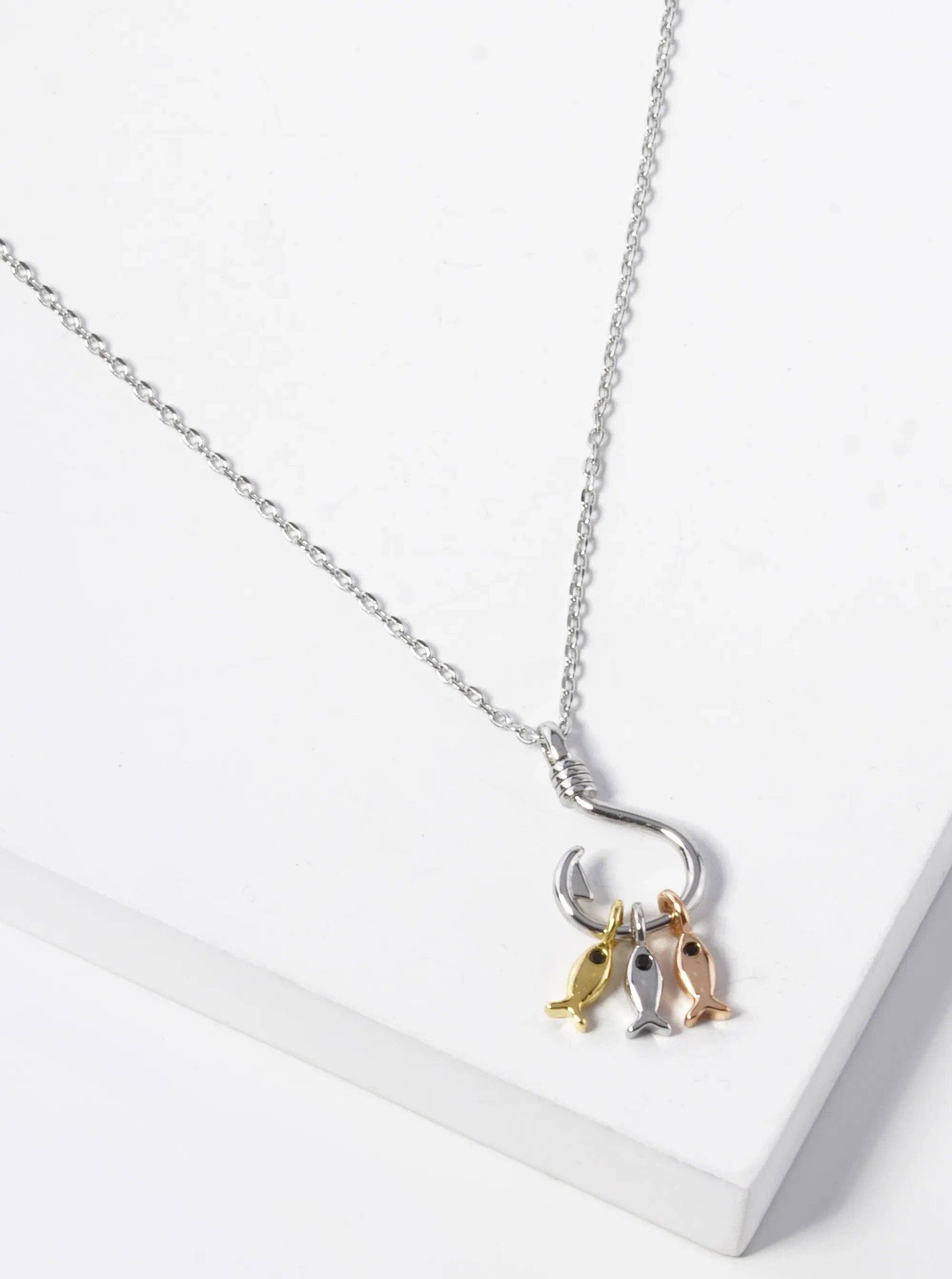 18K Gold Dipped Three Fish With A Hook Pendant Necklace
