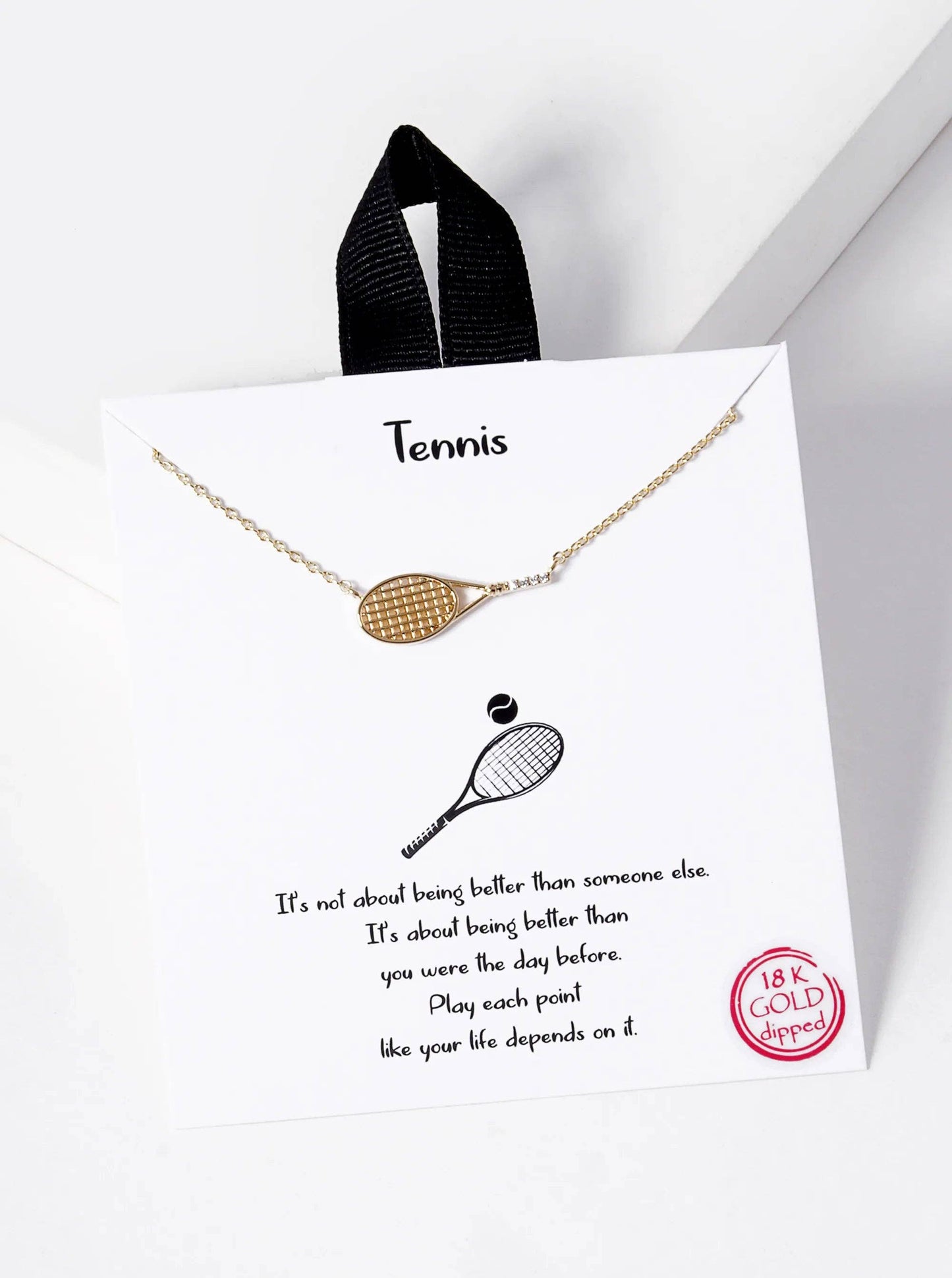 18K Gold Sideways Tennis Racket Cz Pendant Necklace