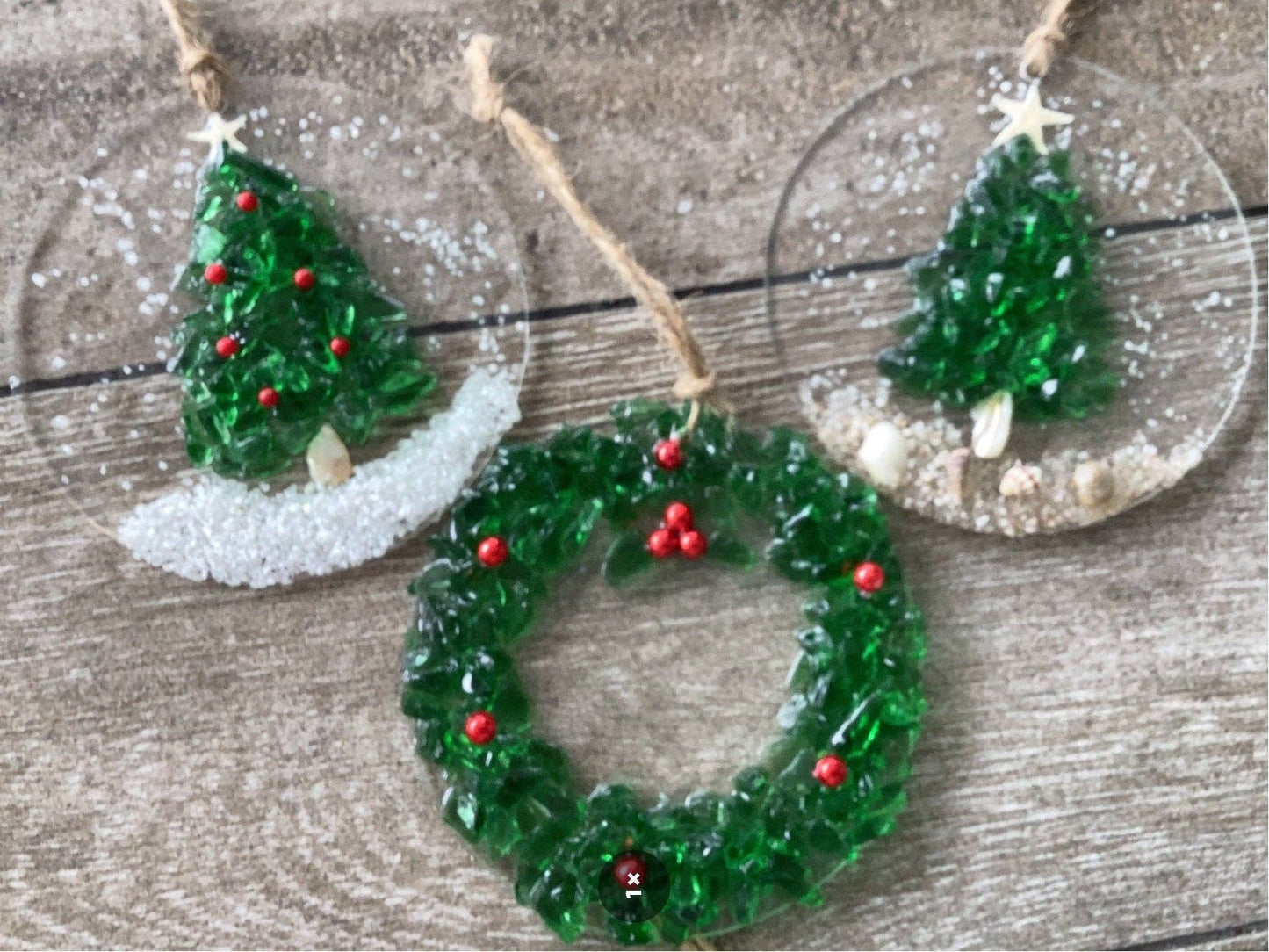 Coastal Christmas Ornament- Green glass Christmas Tree with Berries on Snow, Beachy Christmas, Handmade resin art, Glass Coastal Ornament