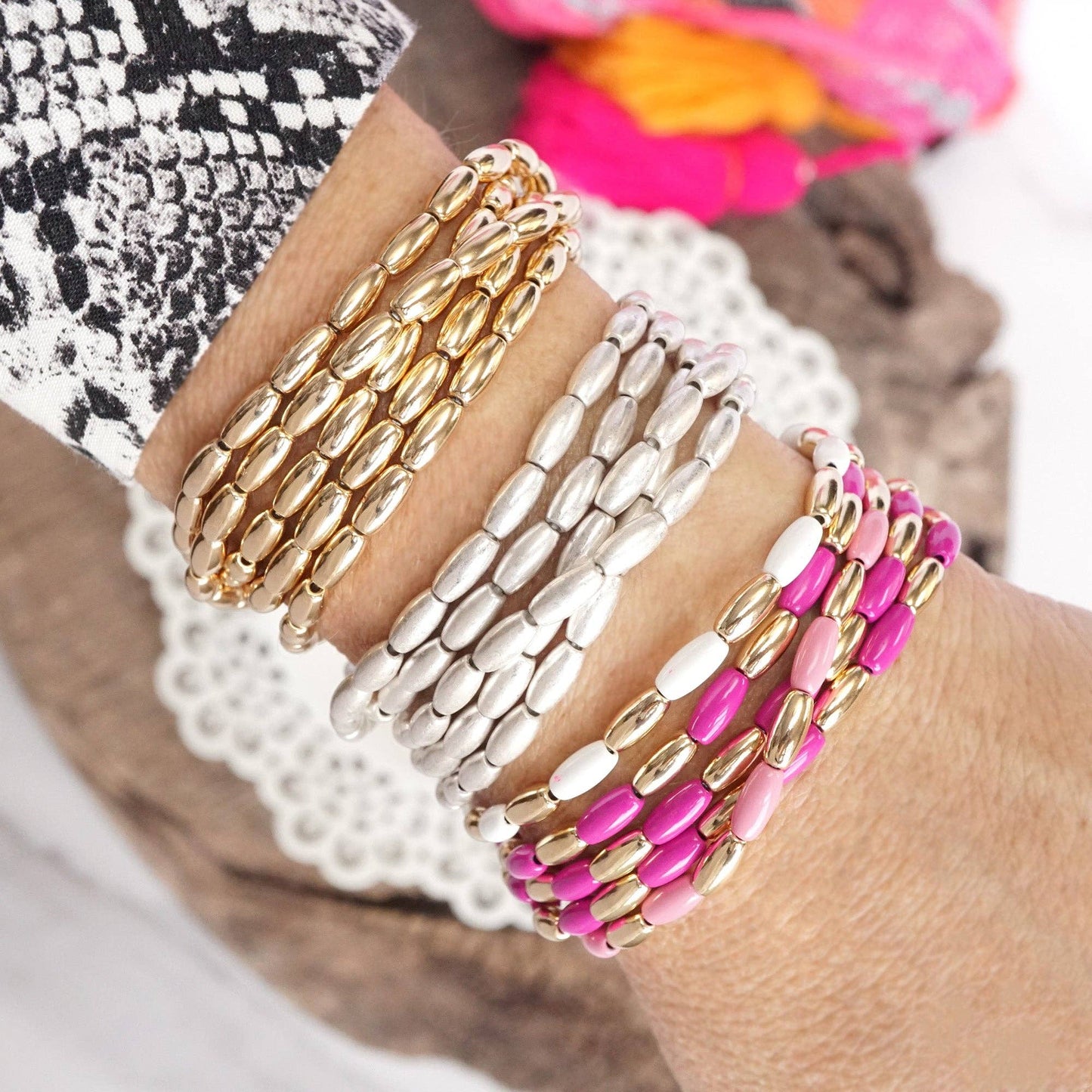 Rice Bead bracelet stack 5 bracelets - Gold Silver tone