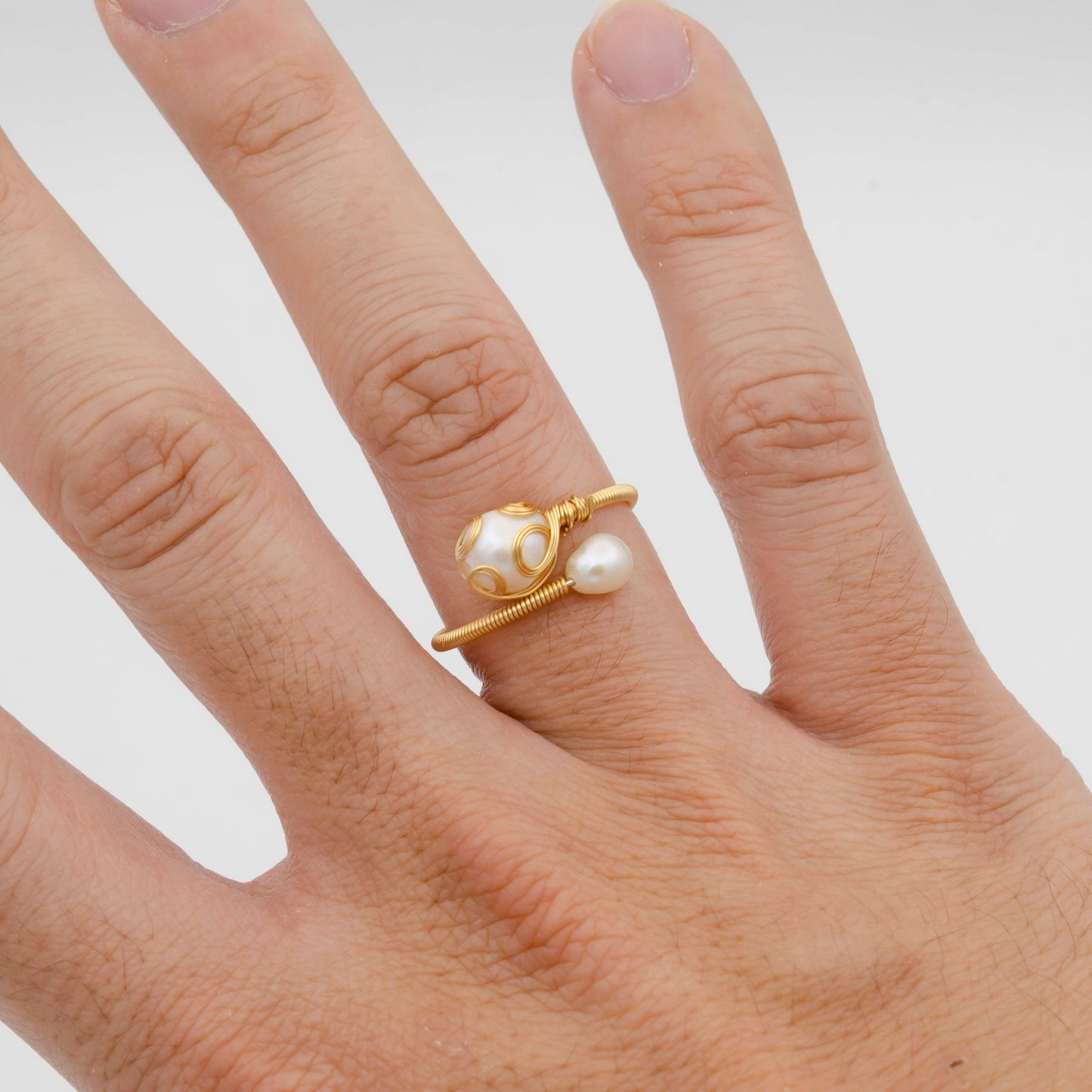 24K Gold Filled Double Pearl Handmade Braided Wire Wrapped Open Ring | O561