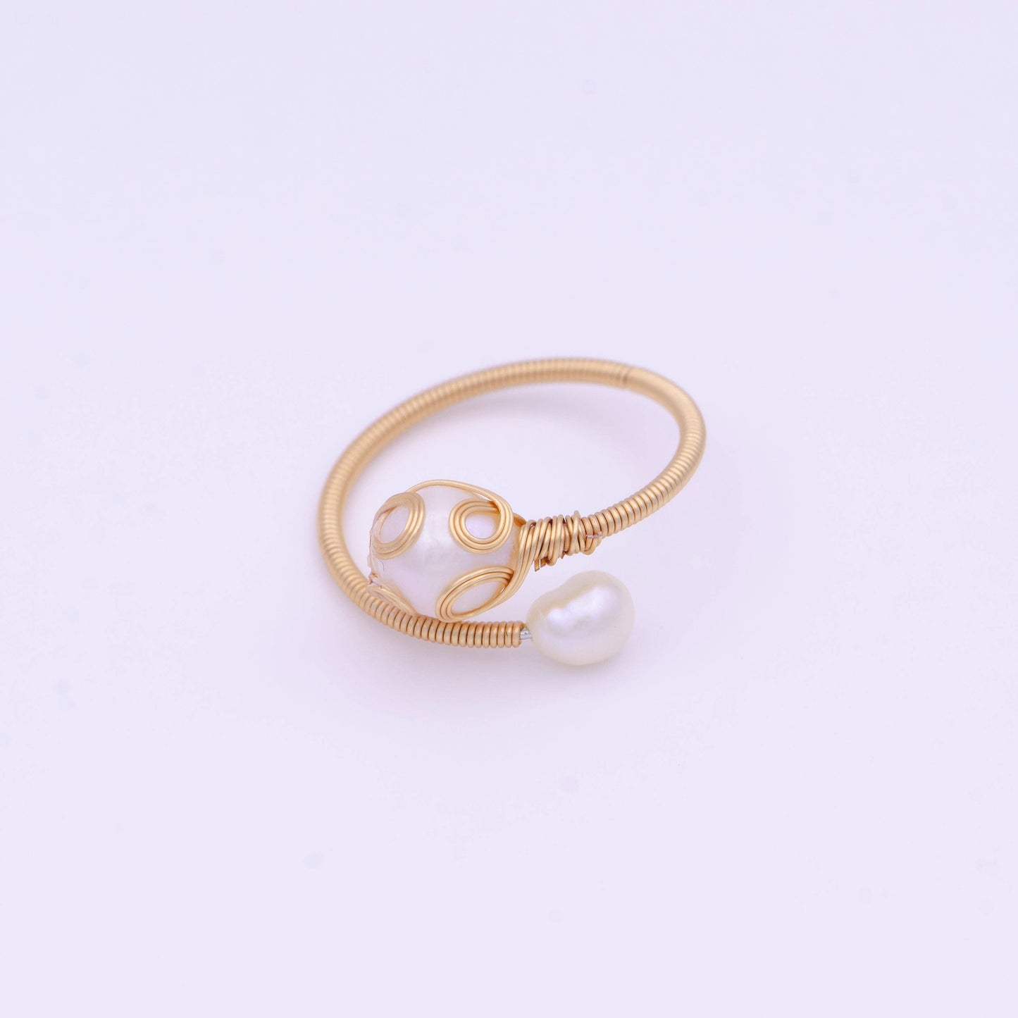 24K Gold Filled Double Pearl Handmade Braided Wire Wrapped Open Ring | O561