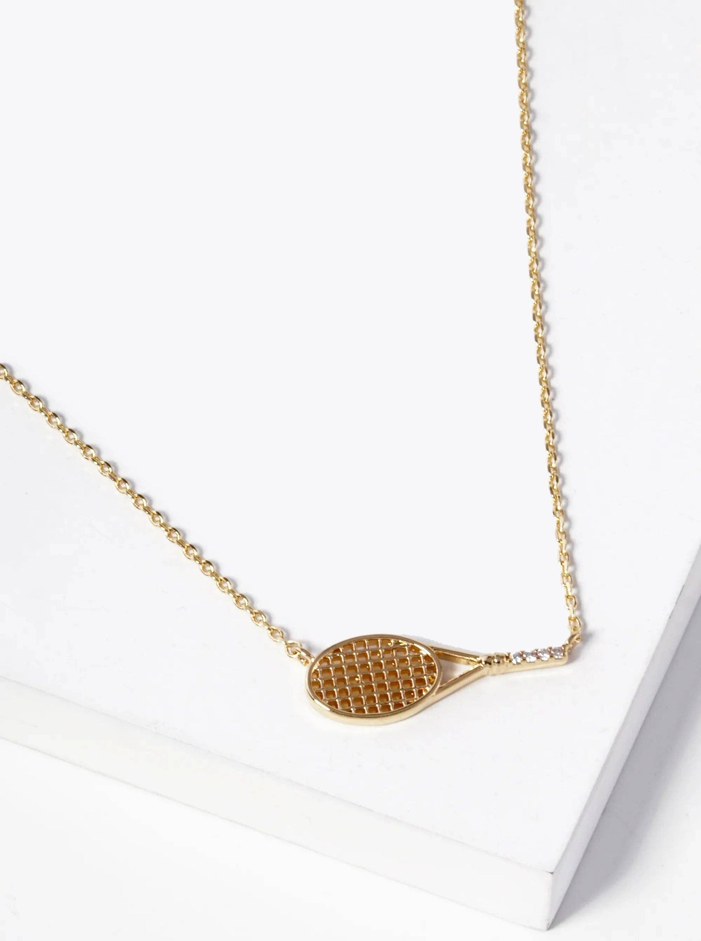 18K Gold Sideways Tennis Racket Cz Pendant Necklace