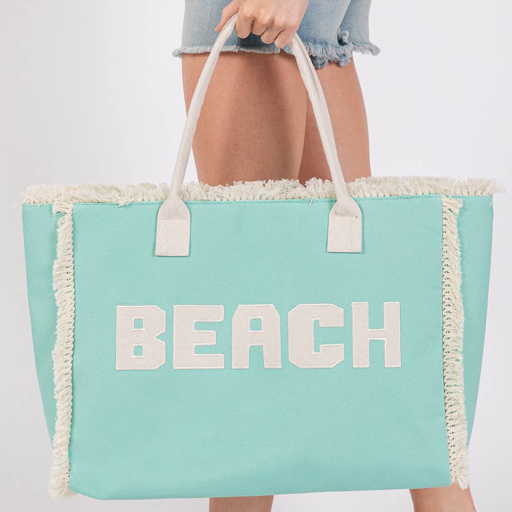 BEACH Message Embroidered Fringe Tote Bag / Beach Bag