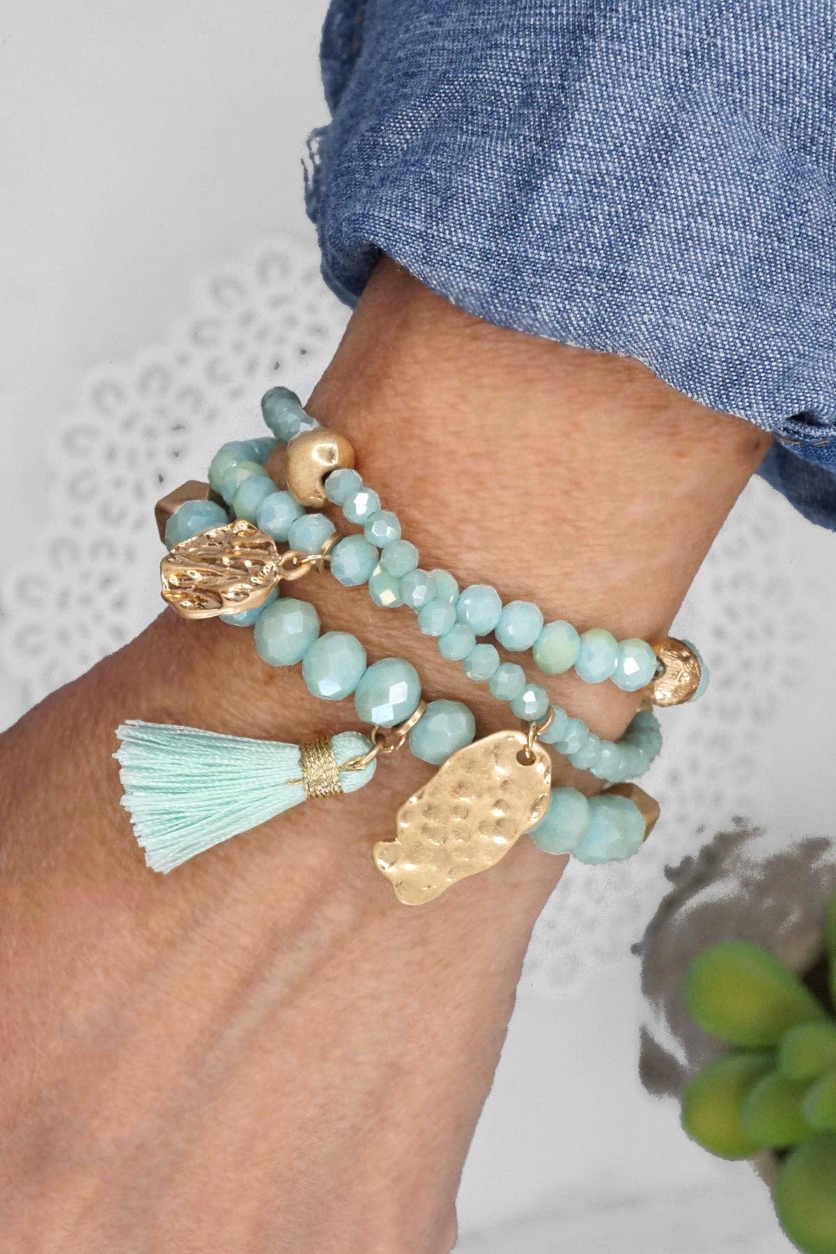 Beaded bracelet stack with tassel coin Aqua Taupe Rose Black