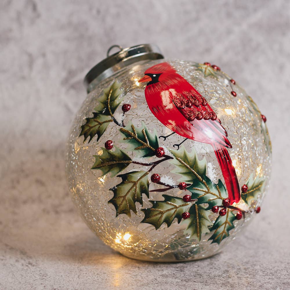 Cardinal Berry Ornament with LED String Lights — Christmas, Holiday Ornaments